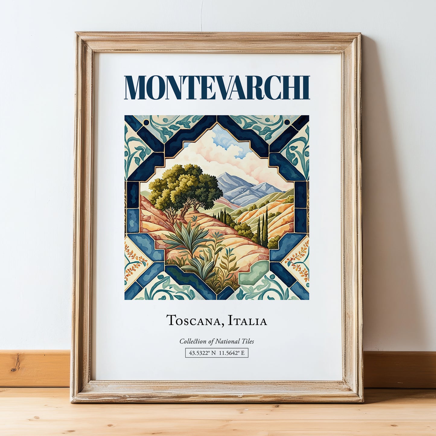 Montevarchi, Italy – Travel Poster, in wooden frame leaning on the floor
