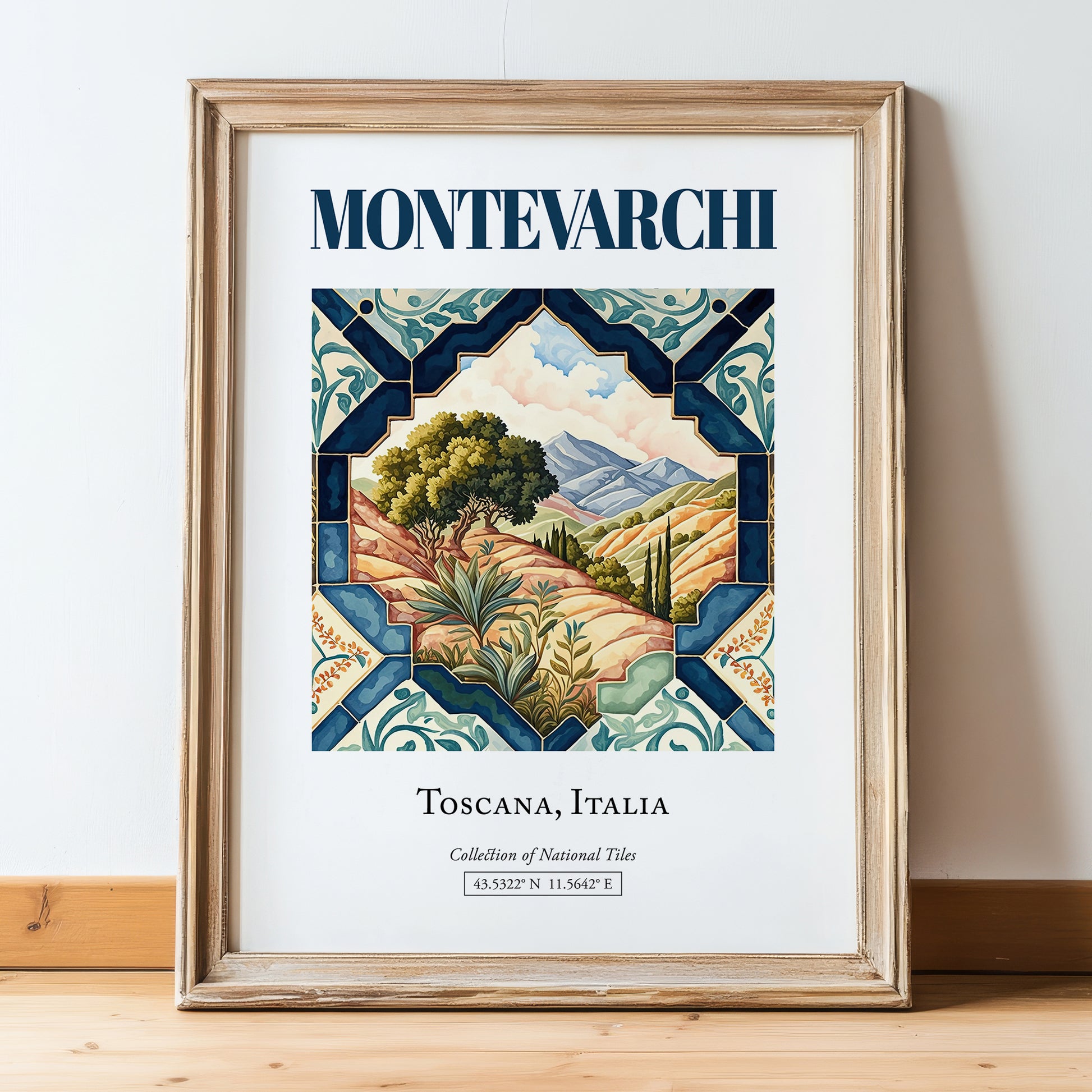 Montevarchi, Italy – Travel Poster, in wooden frame leaning on the floor