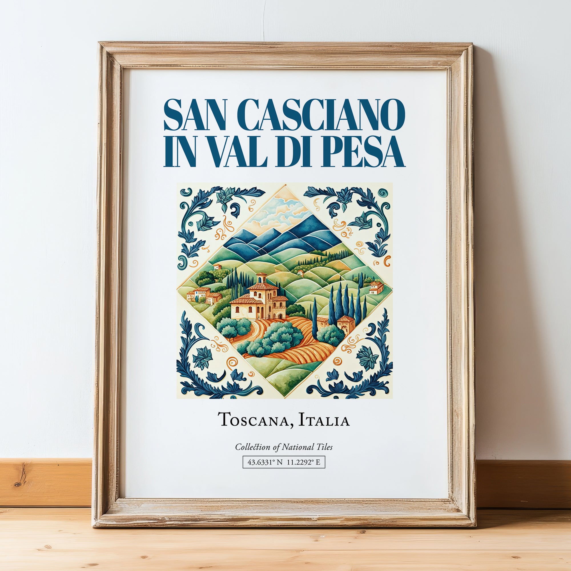 San Casciano in Val di Pesa, Italy – Travel Poster, in wooden frame leaning on the floor