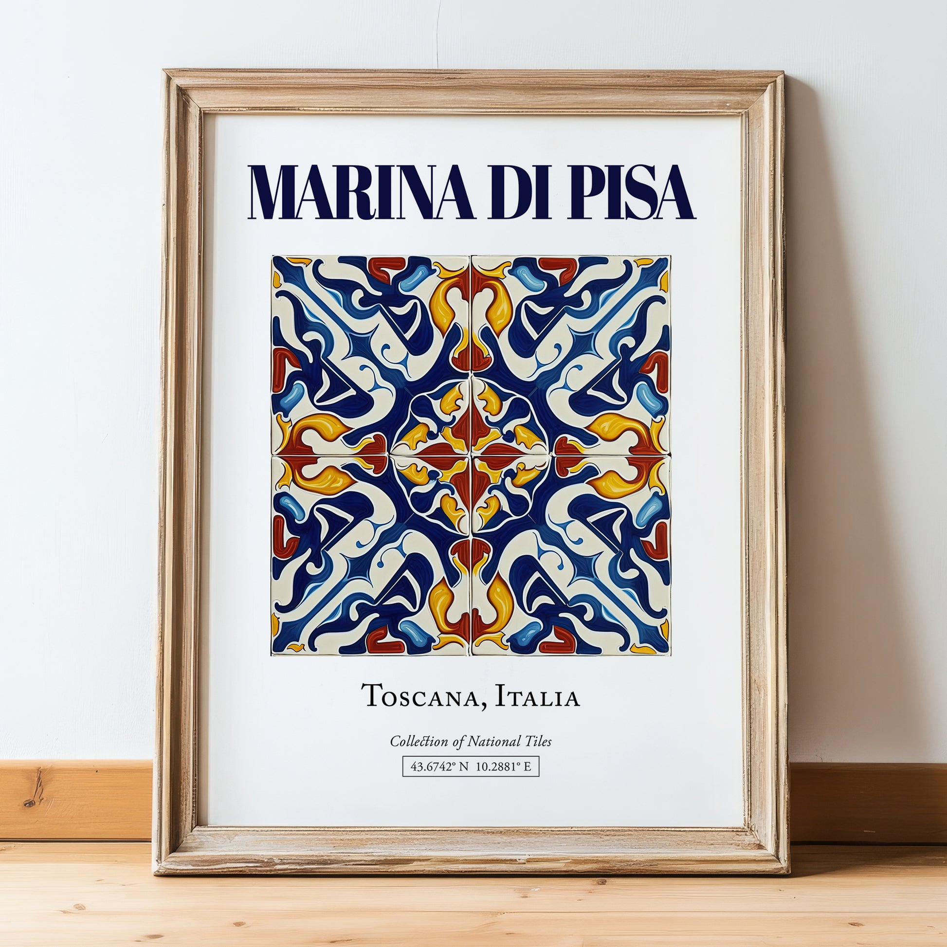 Marina di Pisa, Italy – Tourist Destination Poster, in wooden frame leaning on the floor