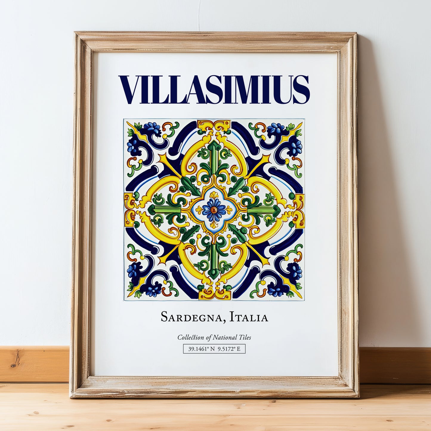 Villasimius, Italy – World Travel Art, in wooden frame leaning on the floor