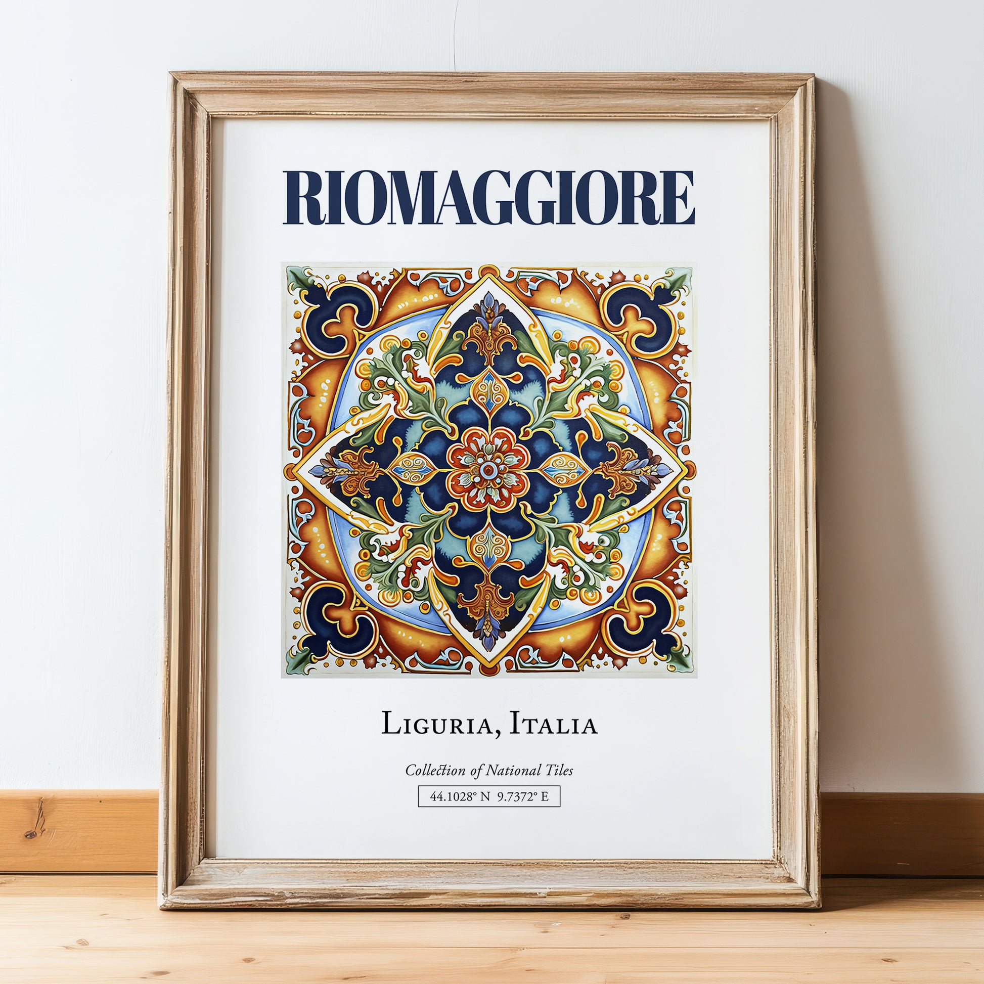 Riomaggiore, Italy – Travel Poster, in wooden frame leaning on the floor