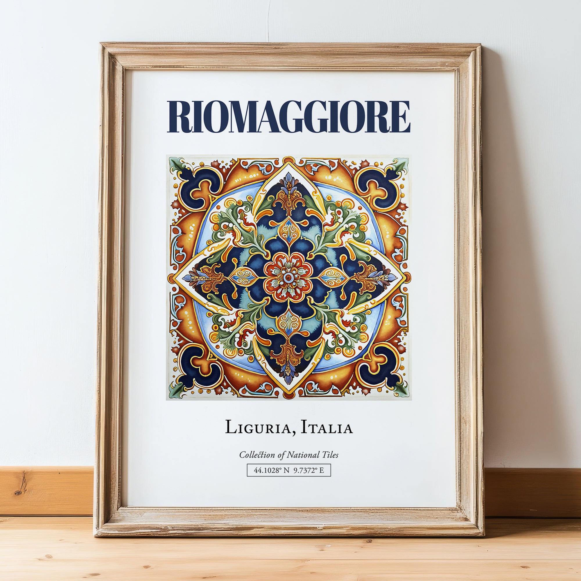 Riomaggiore, Italy – Travel Poster, in wooden frame leaning on the floor