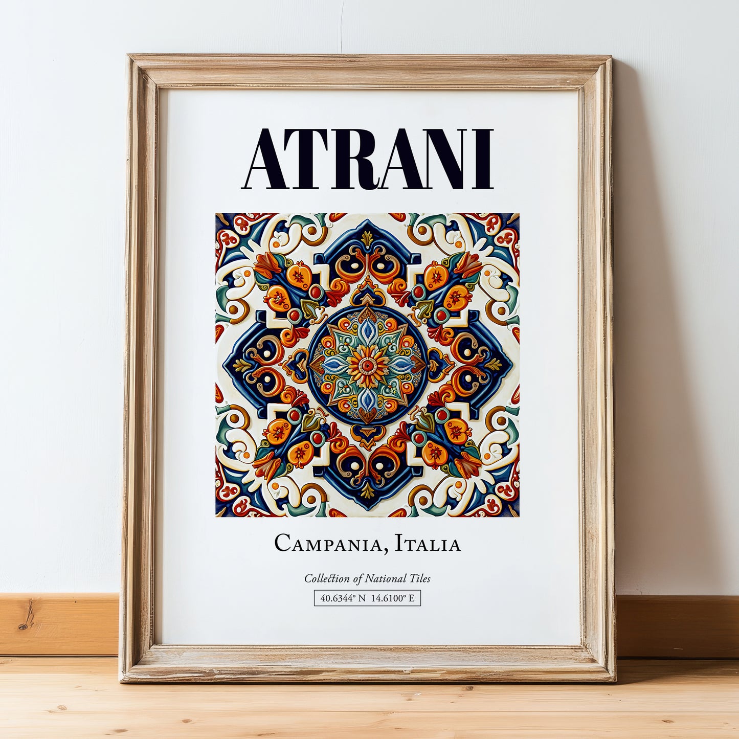 Atrani, Italy – Travel Print, in wooden frame leaning on the floor