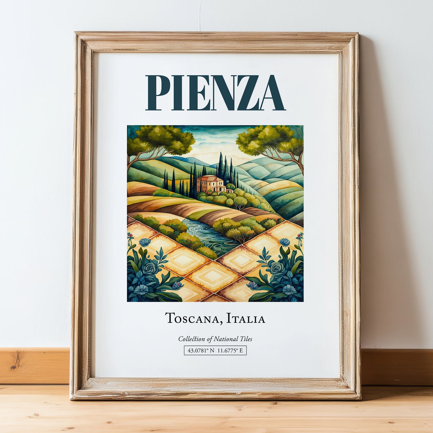Pienza, Italy – Travel Wall Decor, in wooden frame leaning on the floor