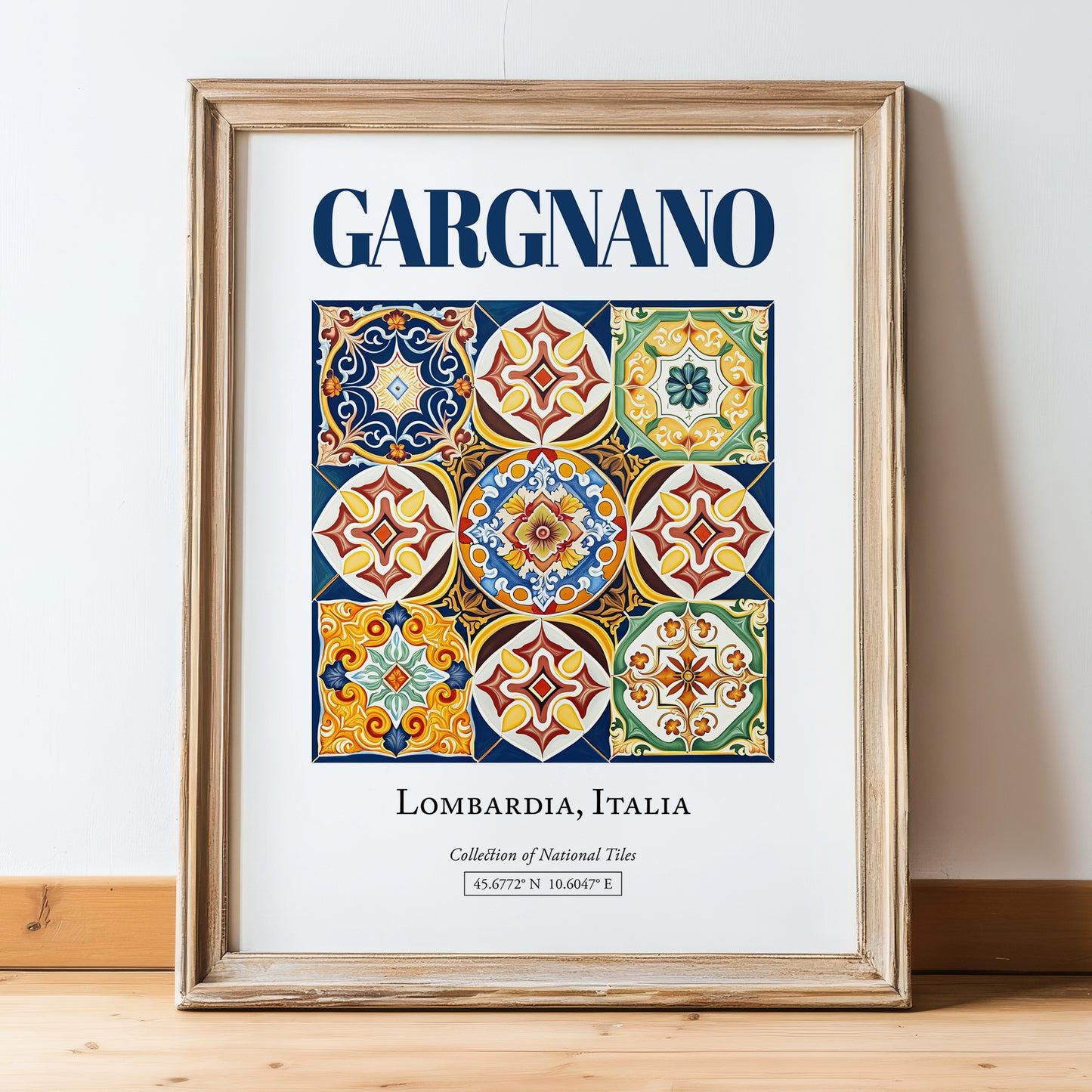 Gargnano, Italy – Travel Poster, in wooden frame leaning on the floor