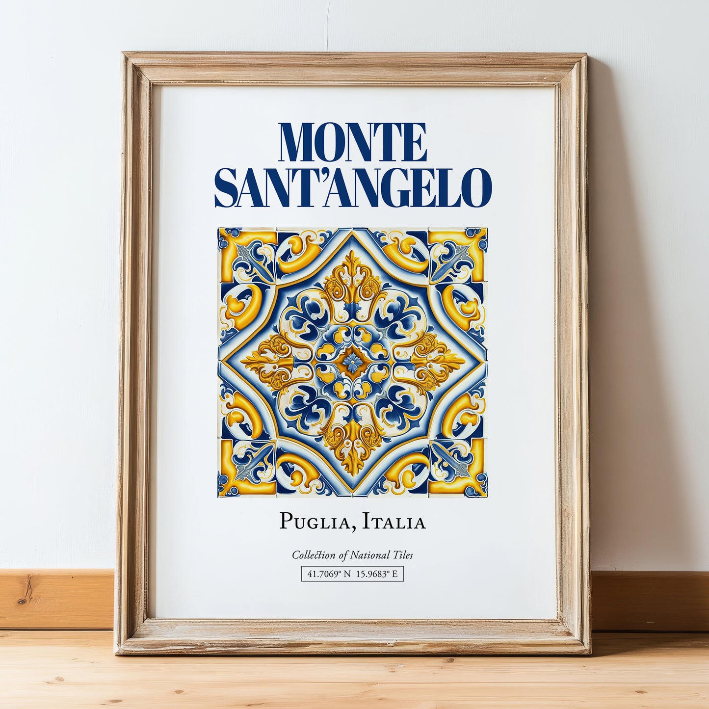 Monte Sant'Angelo, Italy – Travel Poster, in wooden frame leaning on the floor