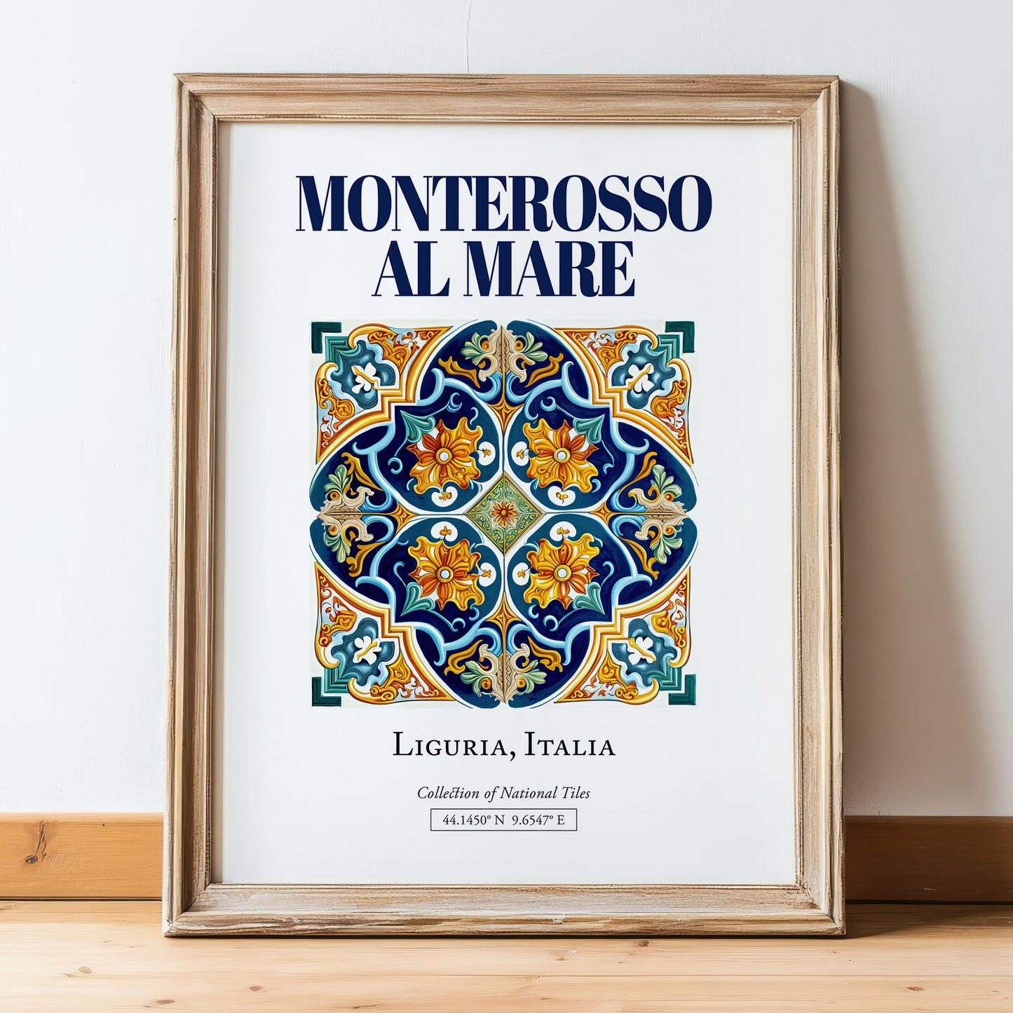 Monterosso al Mare, Italy – Travel Poster, in wooden frame leaning on the floor