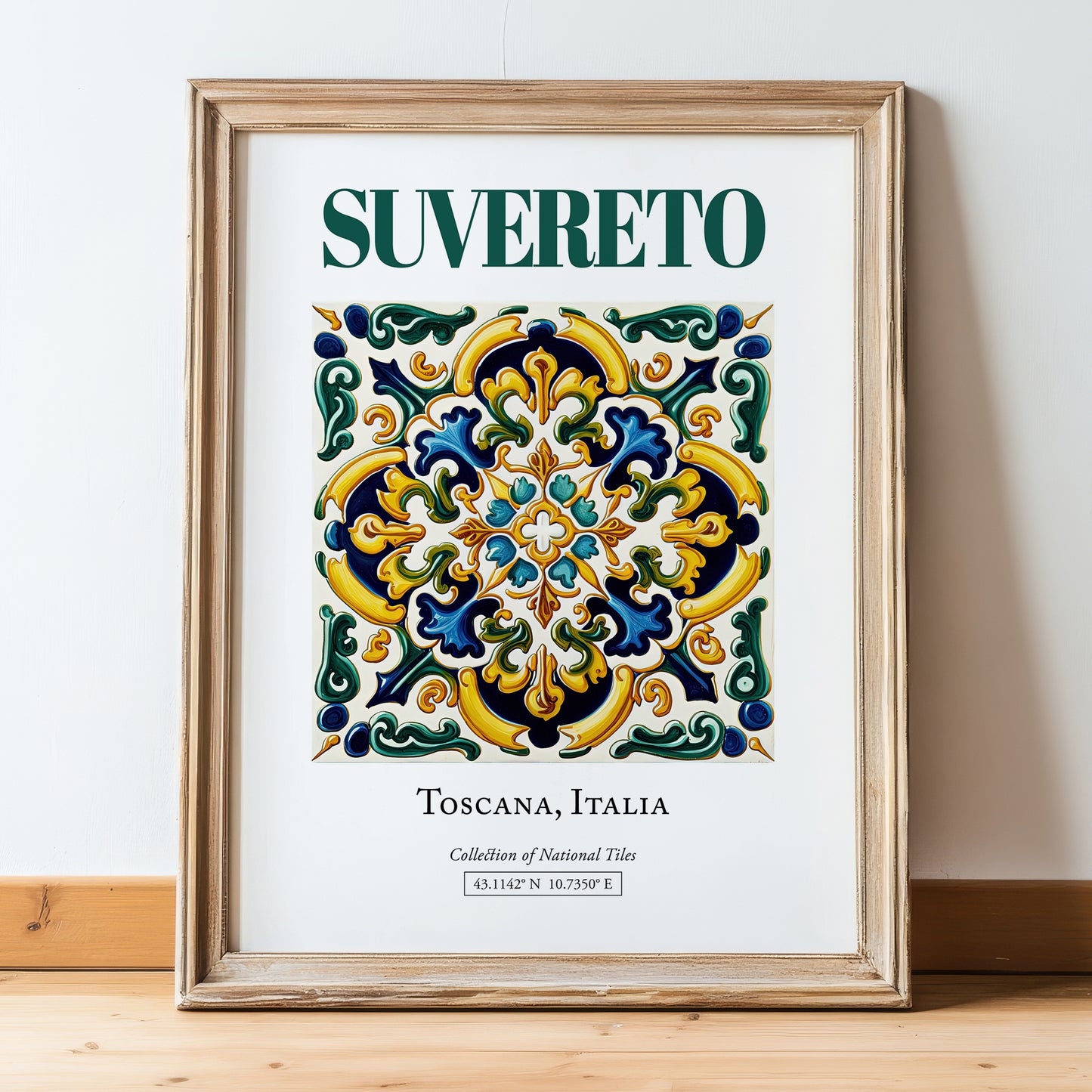 Suvereto, Italy – Travel Poster, in wooden frame leaning on the floor