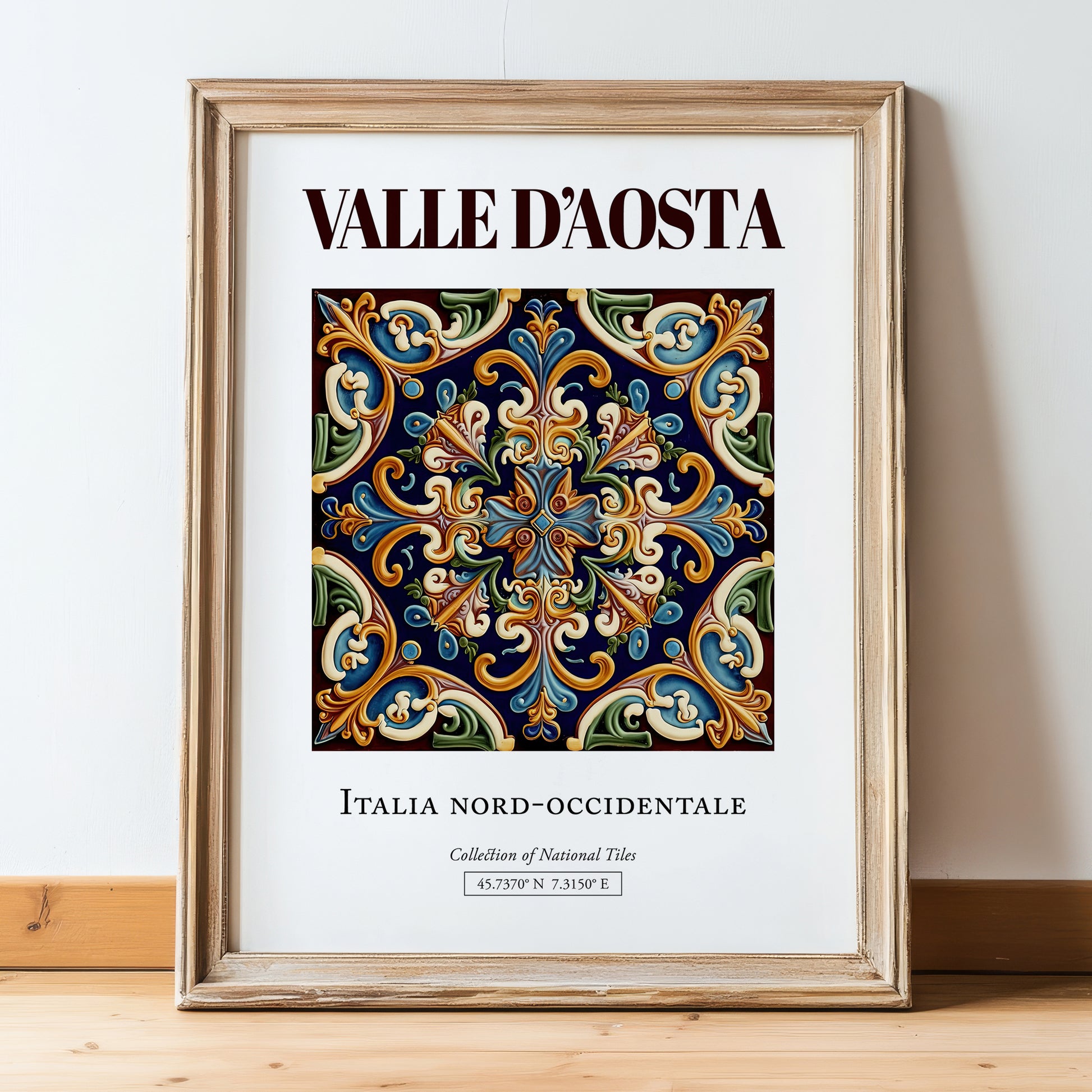 Valle d'Aosta, Italy – Travel Poster, in wooden frame leaning on the floor