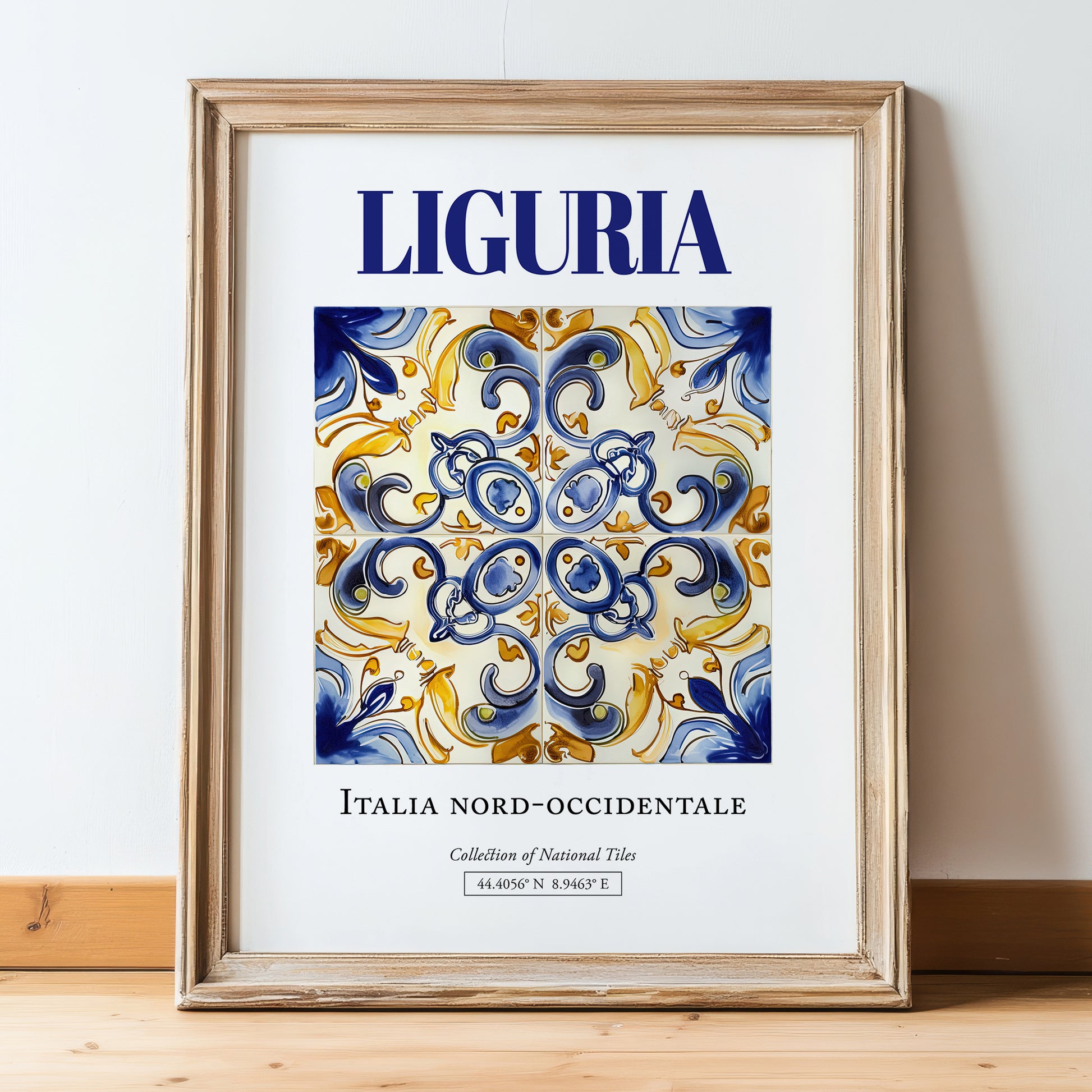 Liguria, Italy – Cityscape Wall Art, in wooden frame leaning on the floor