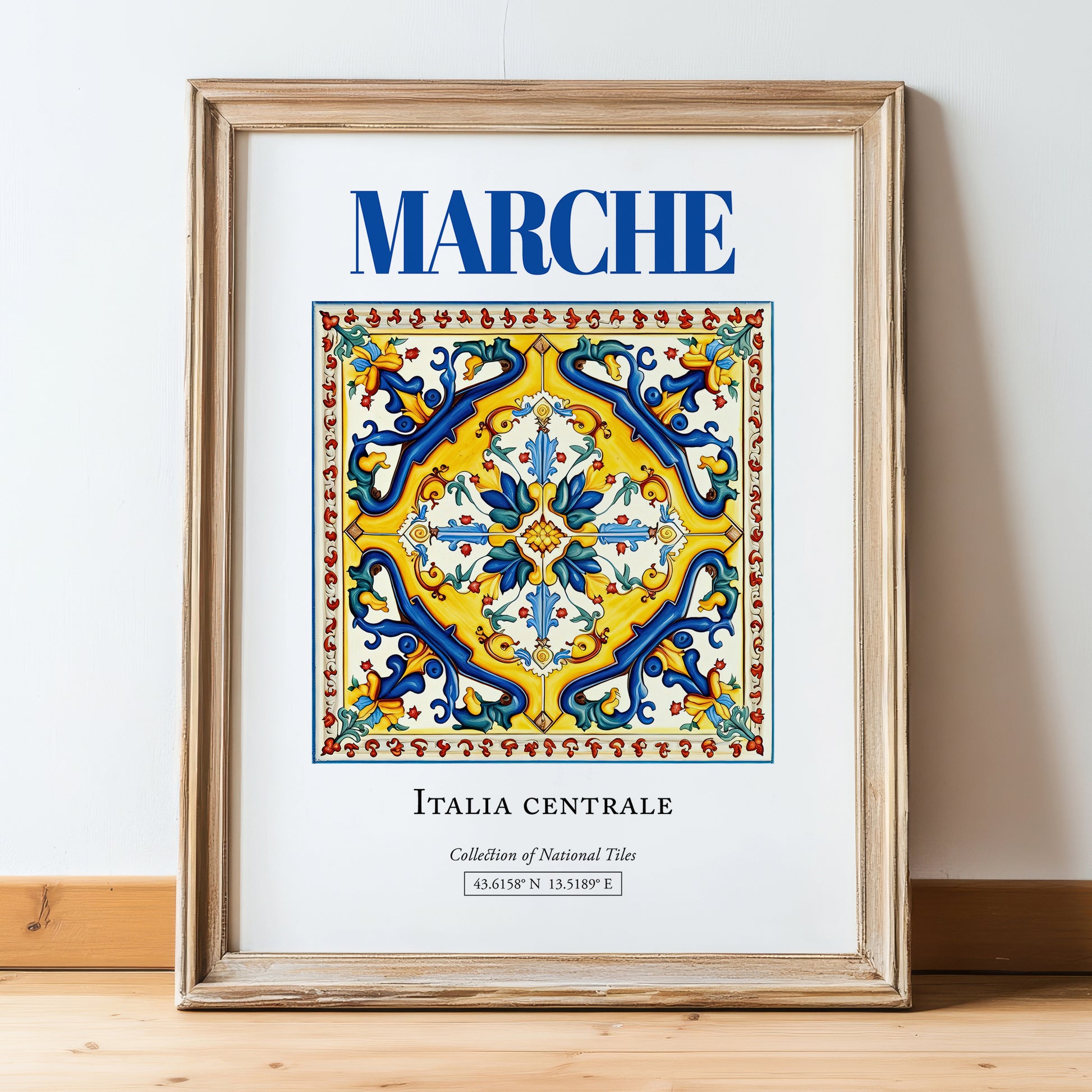 Marche, Italy – Travel Wall Decor, in wooden frame leaning on the floor