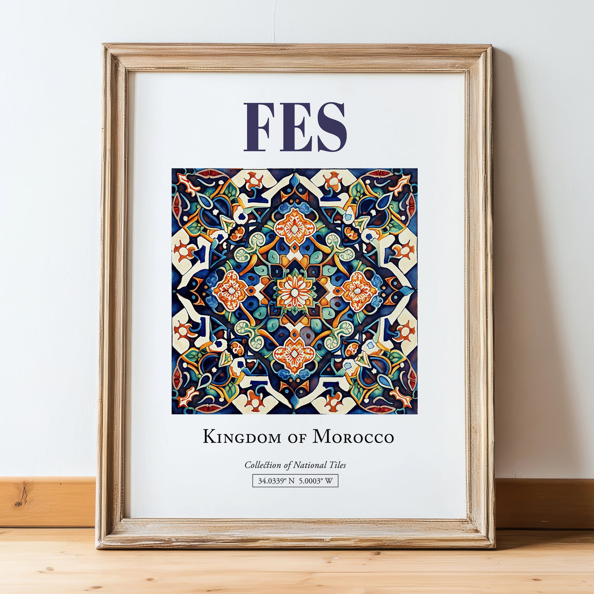 Fes, Morocco – Travel Poster, in wooden frame leaning on the floor