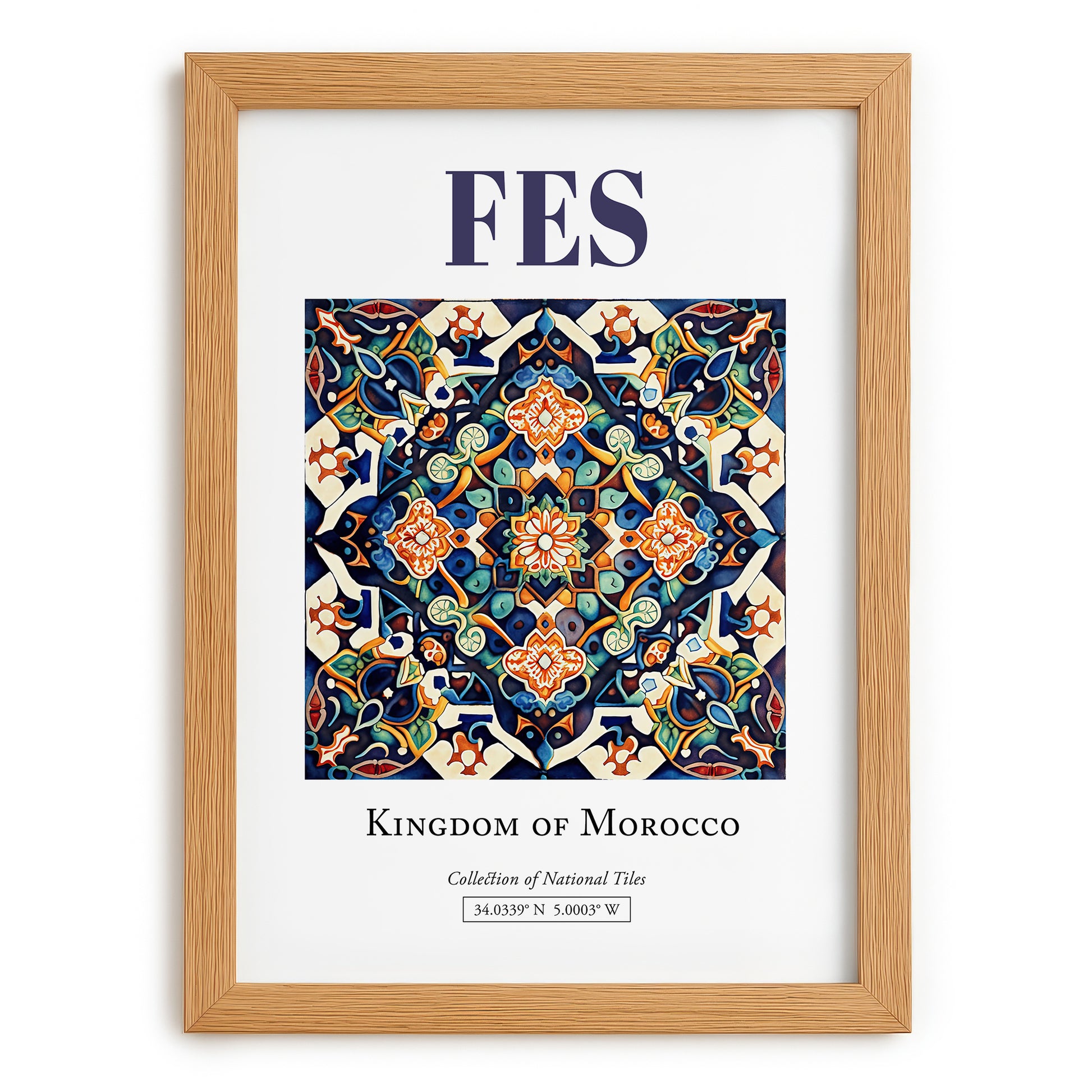 Fes, Morocco – Travel Poster, set in oak frame