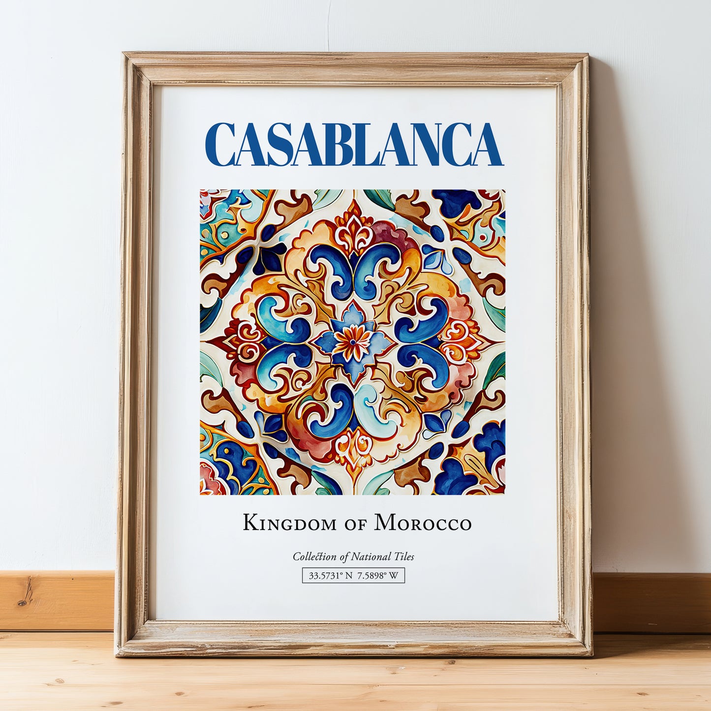 Casablanca, Morocco – Travel Wall Decor, in wooden frame leaning on the floor