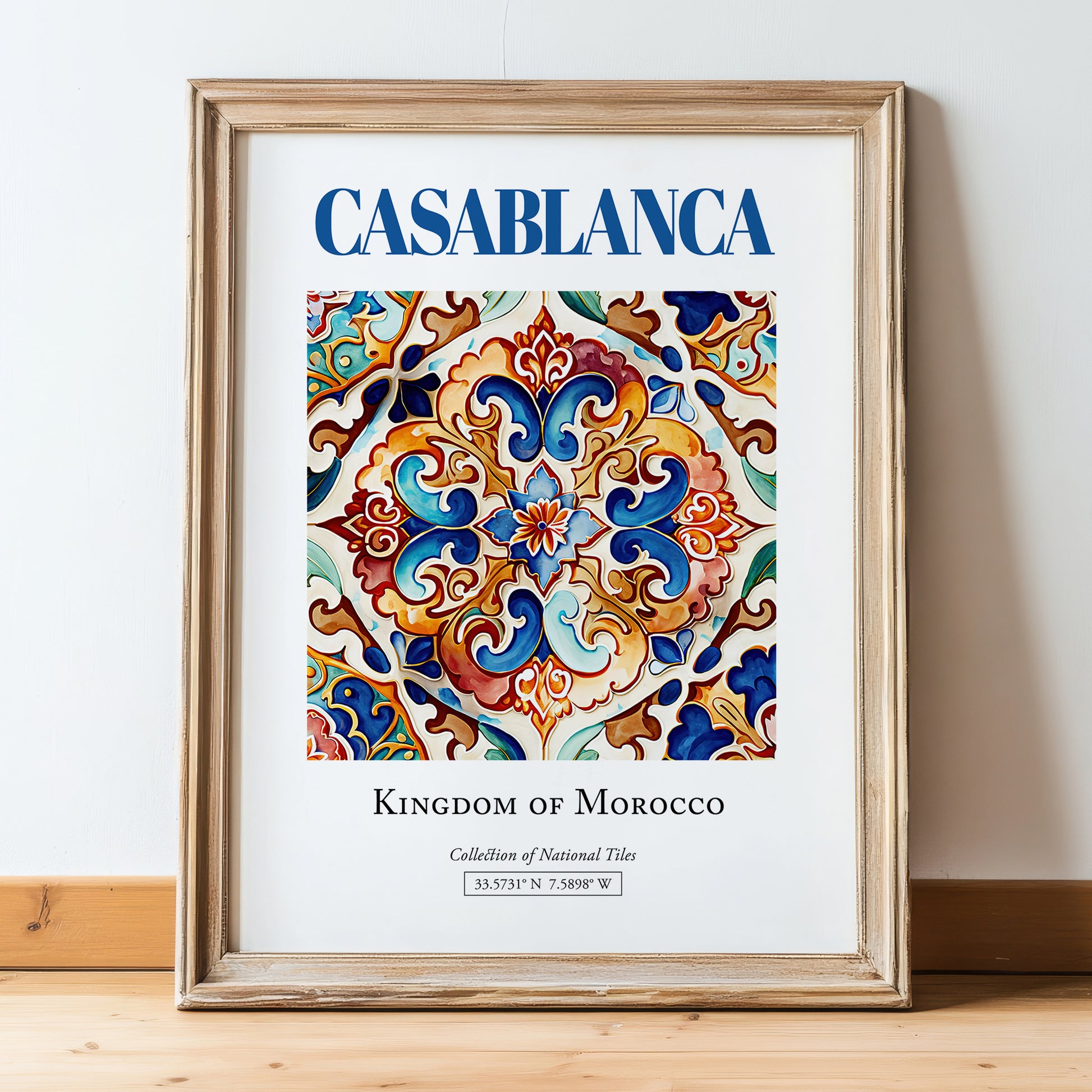 Casablanca, Morocco – Travel Wall Decor, in wooden frame leaning on the floor