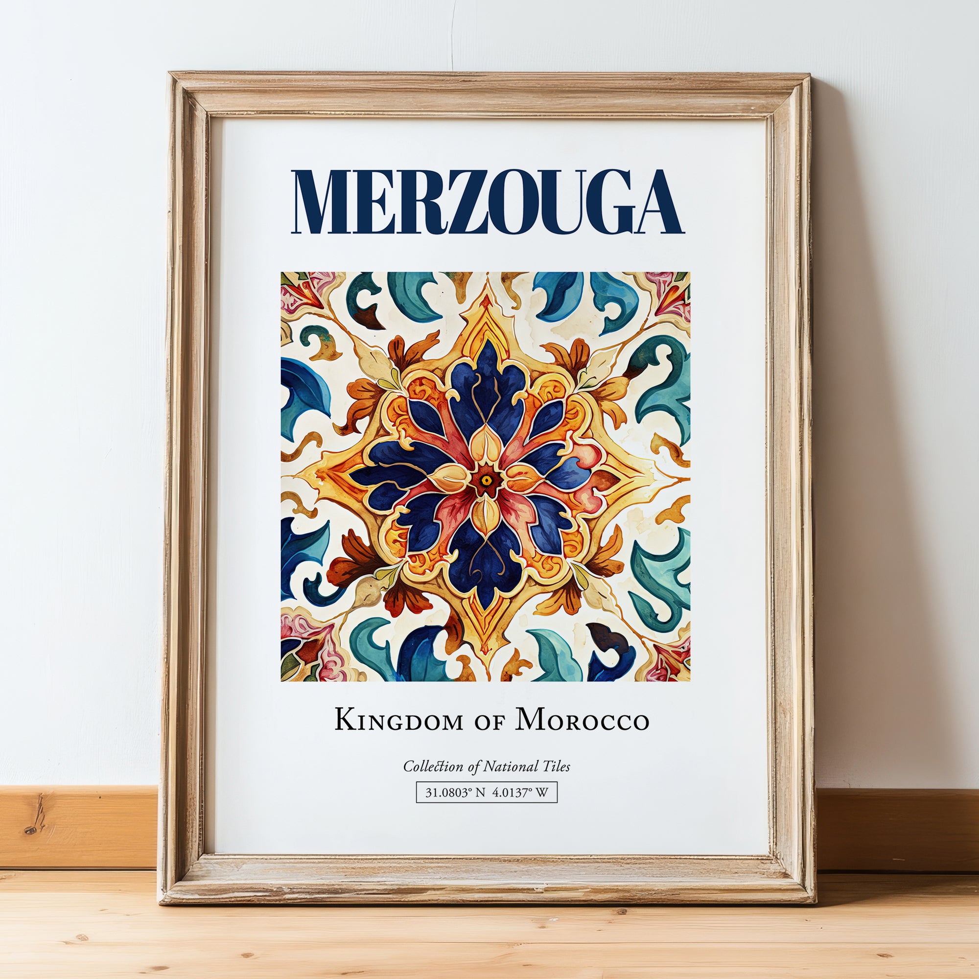 Merzouga, Morocco – Travel Wall Art, in wooden frame leaning on the floor