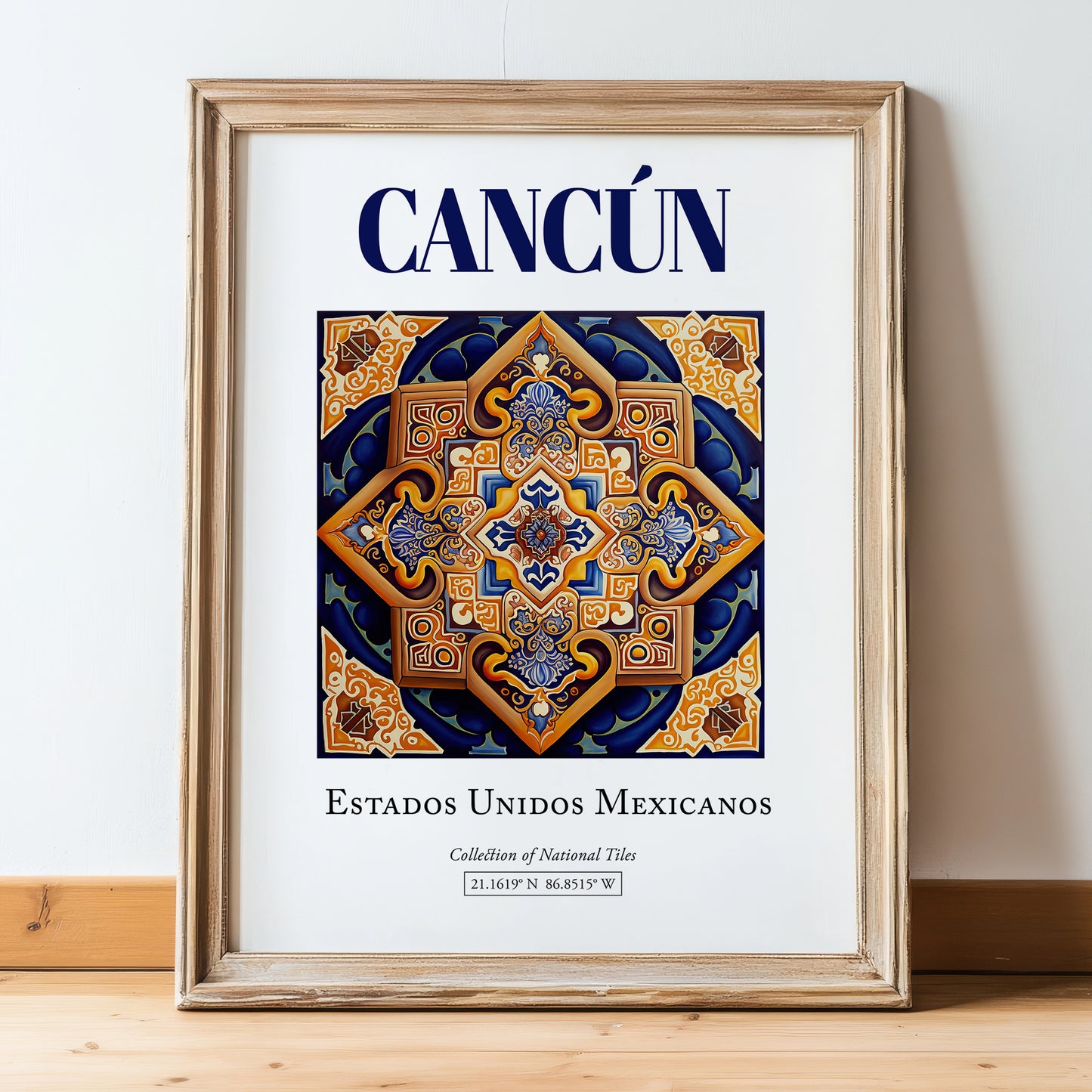 Cancún, Mexico – Travel Poster, in wooden frame leaning on the floor