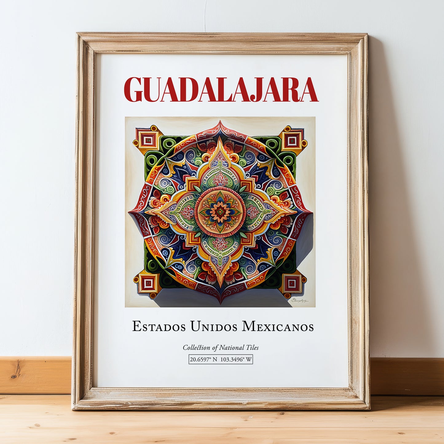 Guadalajara, Mexico – Travel Poster, in wooden frame leaning on the floor