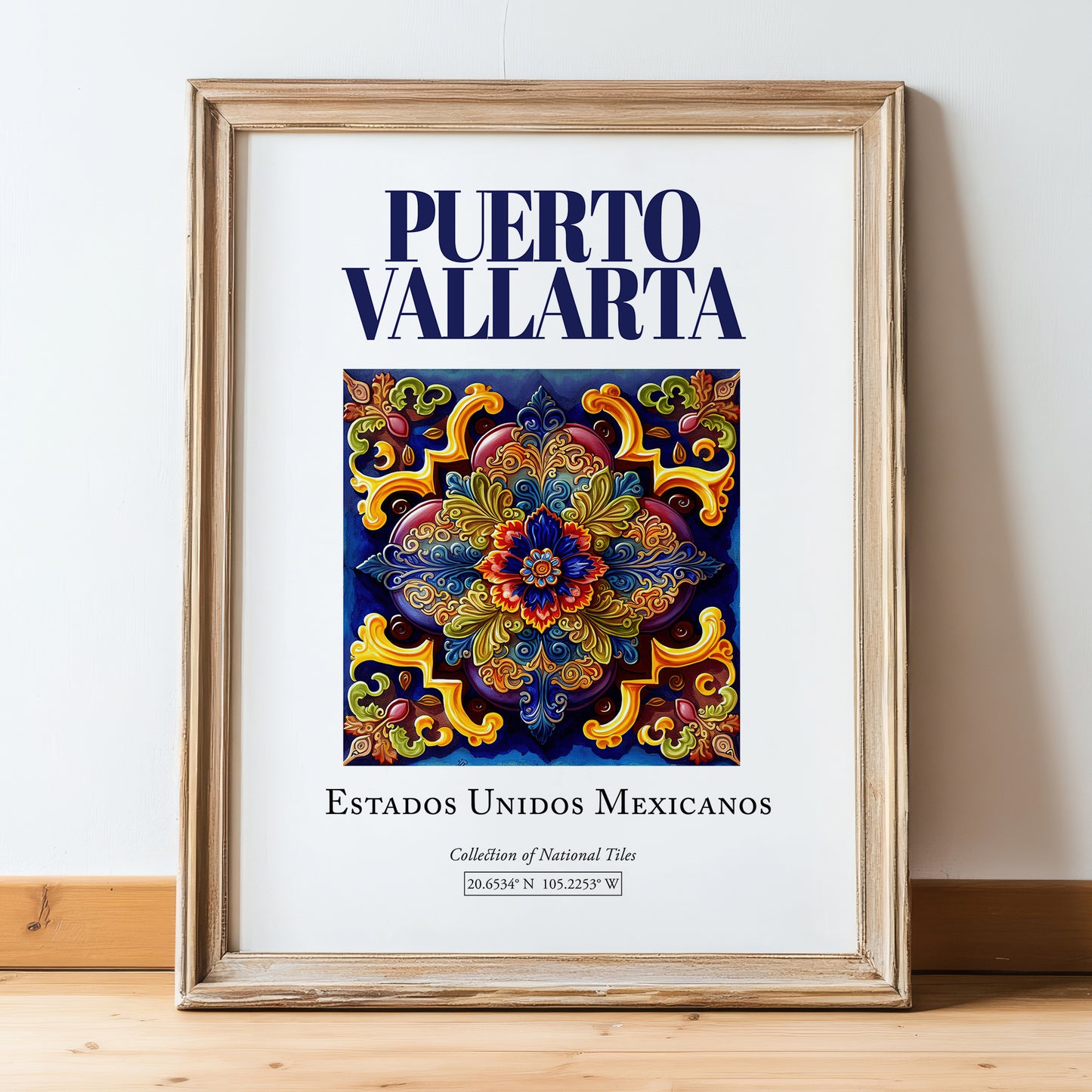Puerto Vallarta, Mexico – Tourist Destination Poster, in wooden frame leaning on the floor