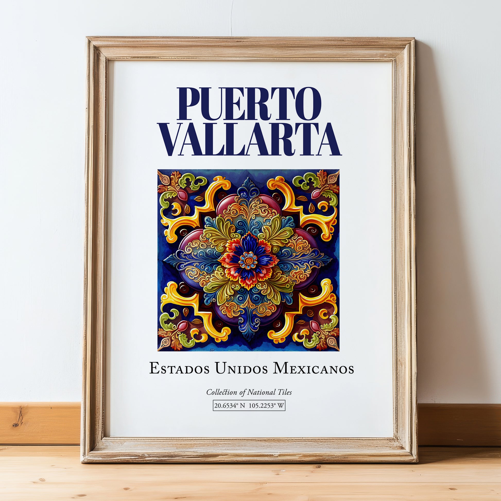 Puerto Vallarta, Mexico – Tourist Destination Poster, in wooden frame leaning on the floor