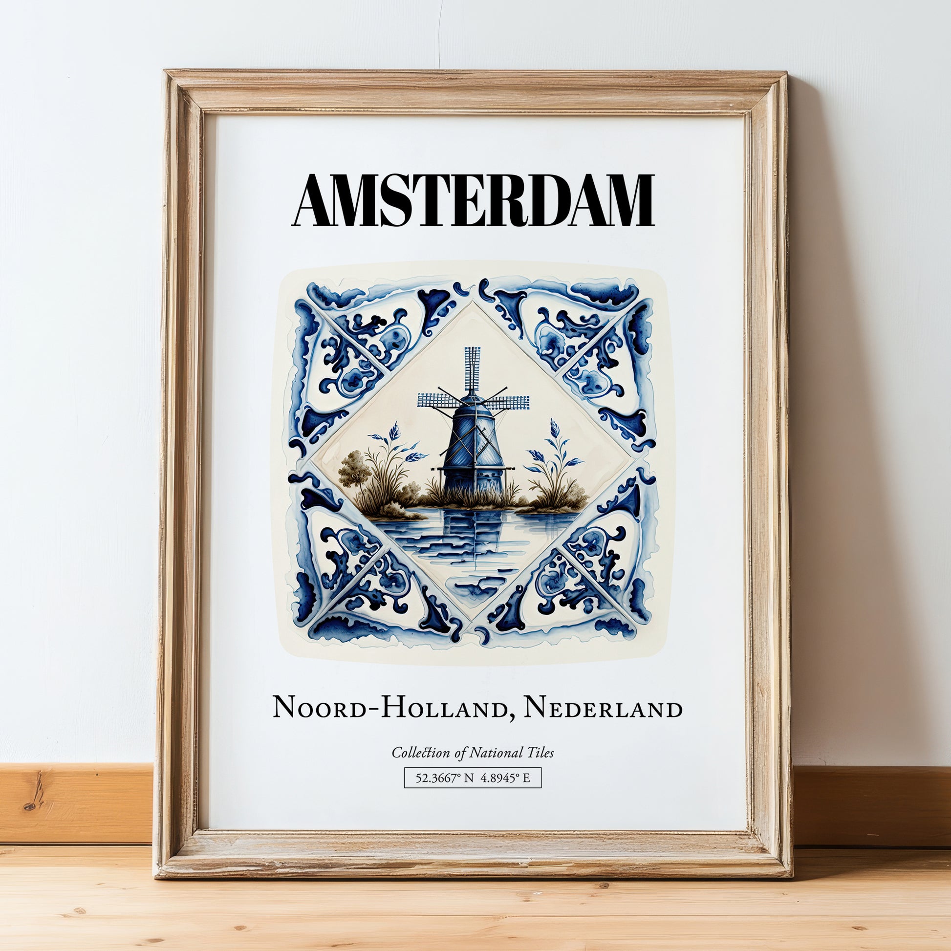 Amsterdam, Netherlands – Travel Wall Decor, in wooden frame leaning on the floor