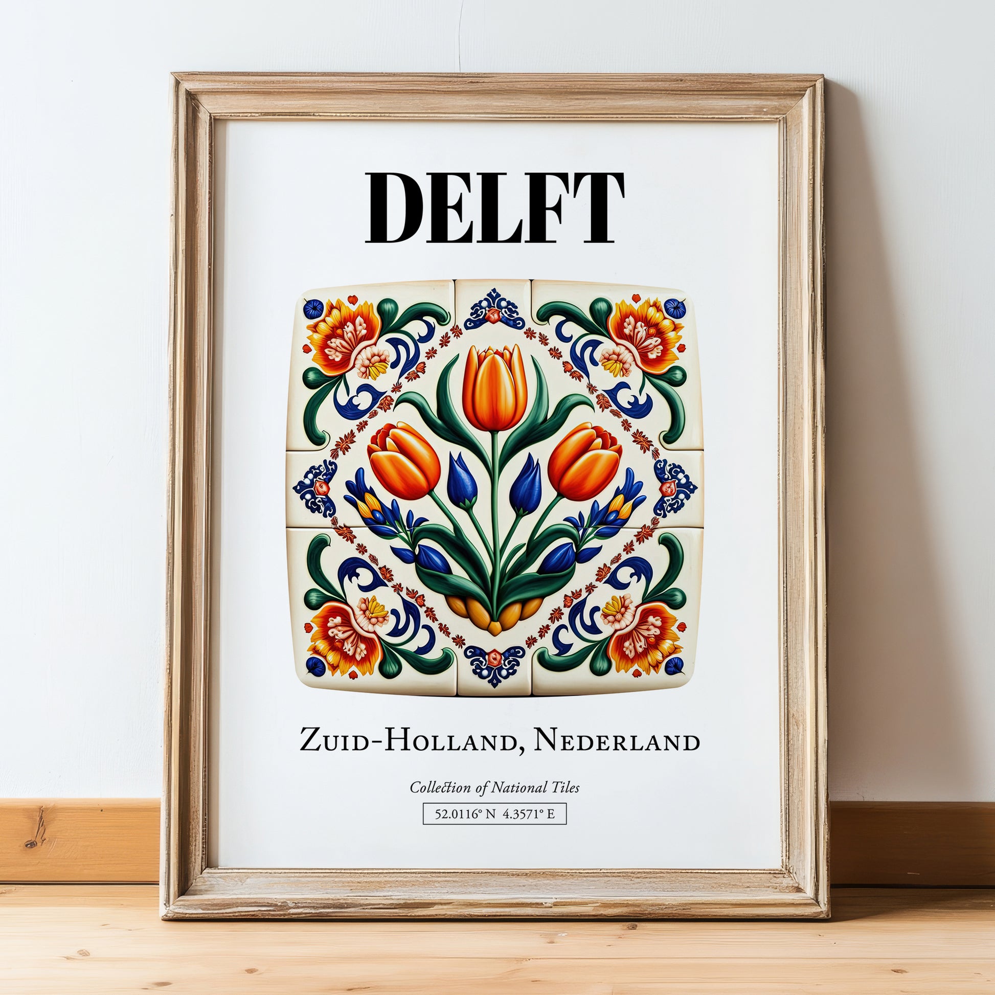 Delft, Netherlands – Country Culture Poster, in wooden frame leaning on the floor