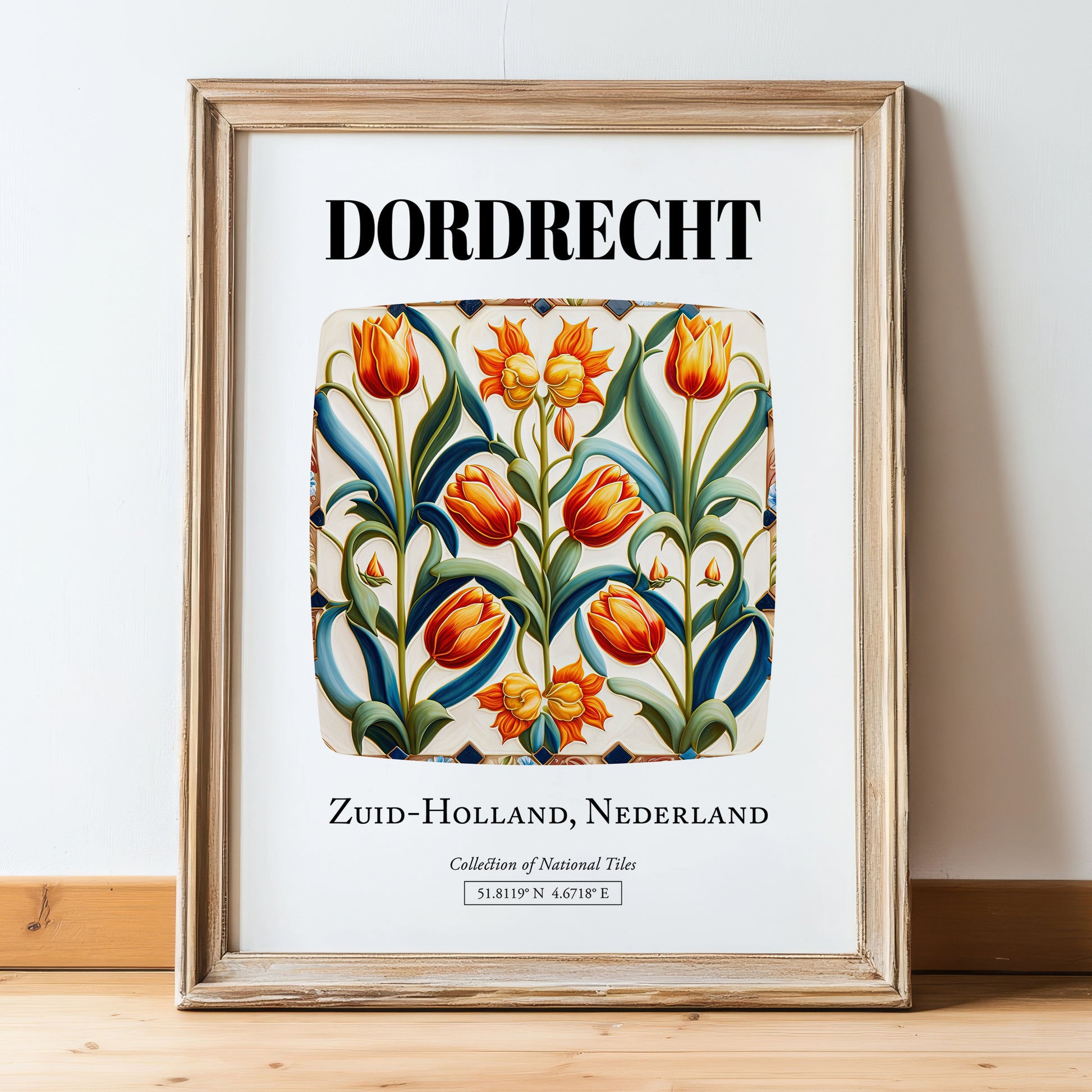 Dordrecht, Netherlands – Global Cities Wall Print, in wooden frame leaning on the floor