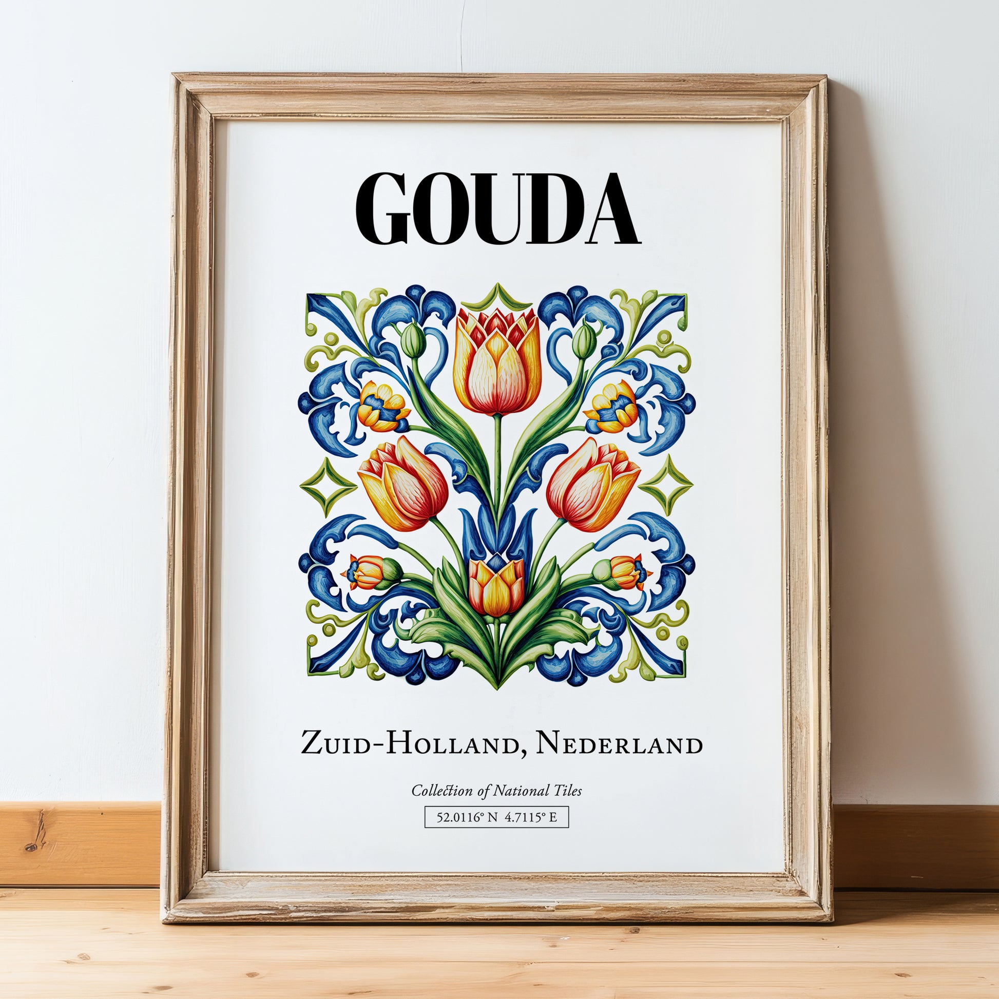 Gouda, Netherlands – Illustrated Travel Poster, in wooden frame leaning on the floor