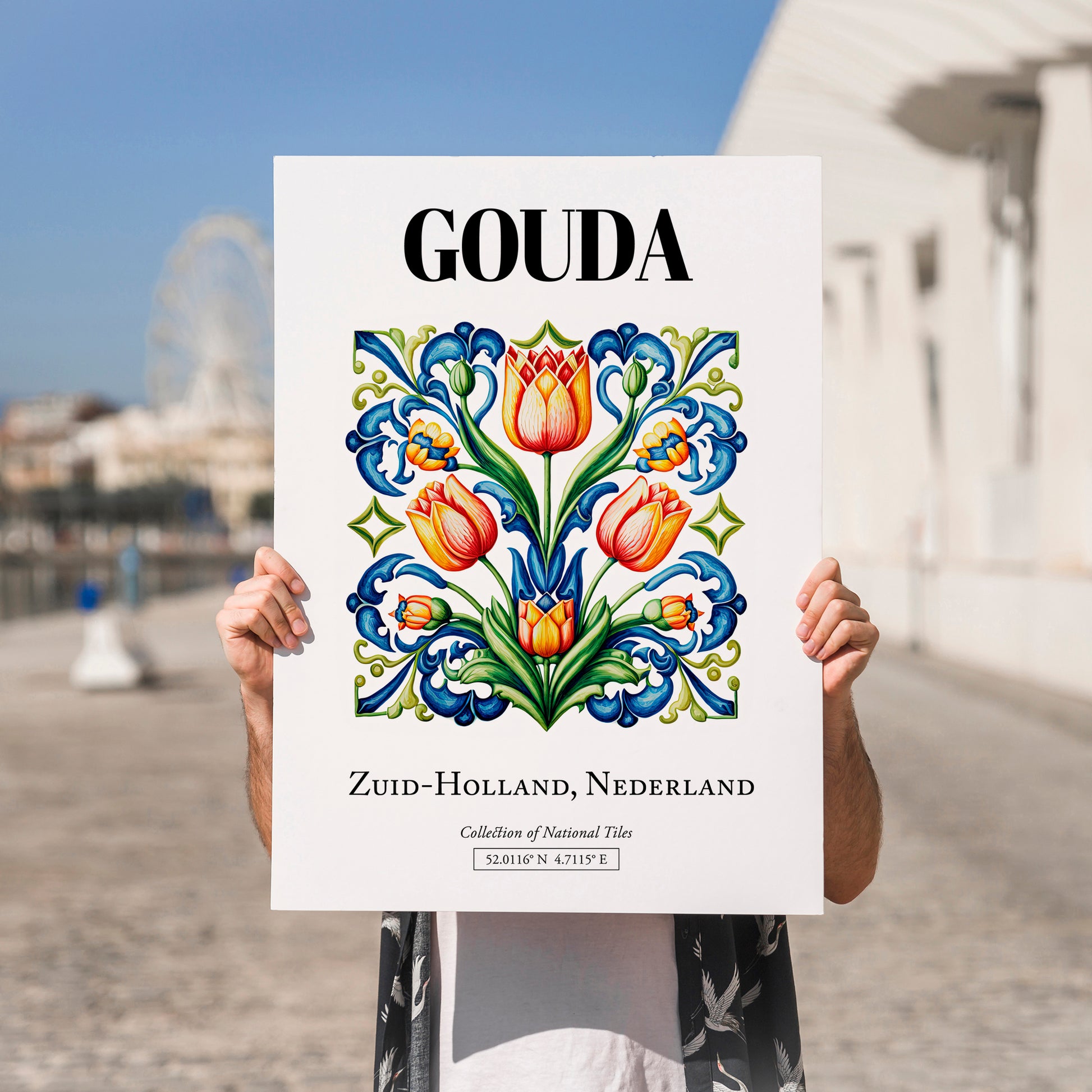 Gouda, Netherlands – Illustrated Travel Poster, no-text version framed in wood