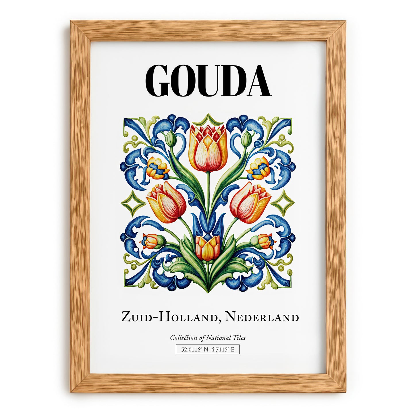Gouda, Netherlands – Illustrated Travel Poster, set in oak frame