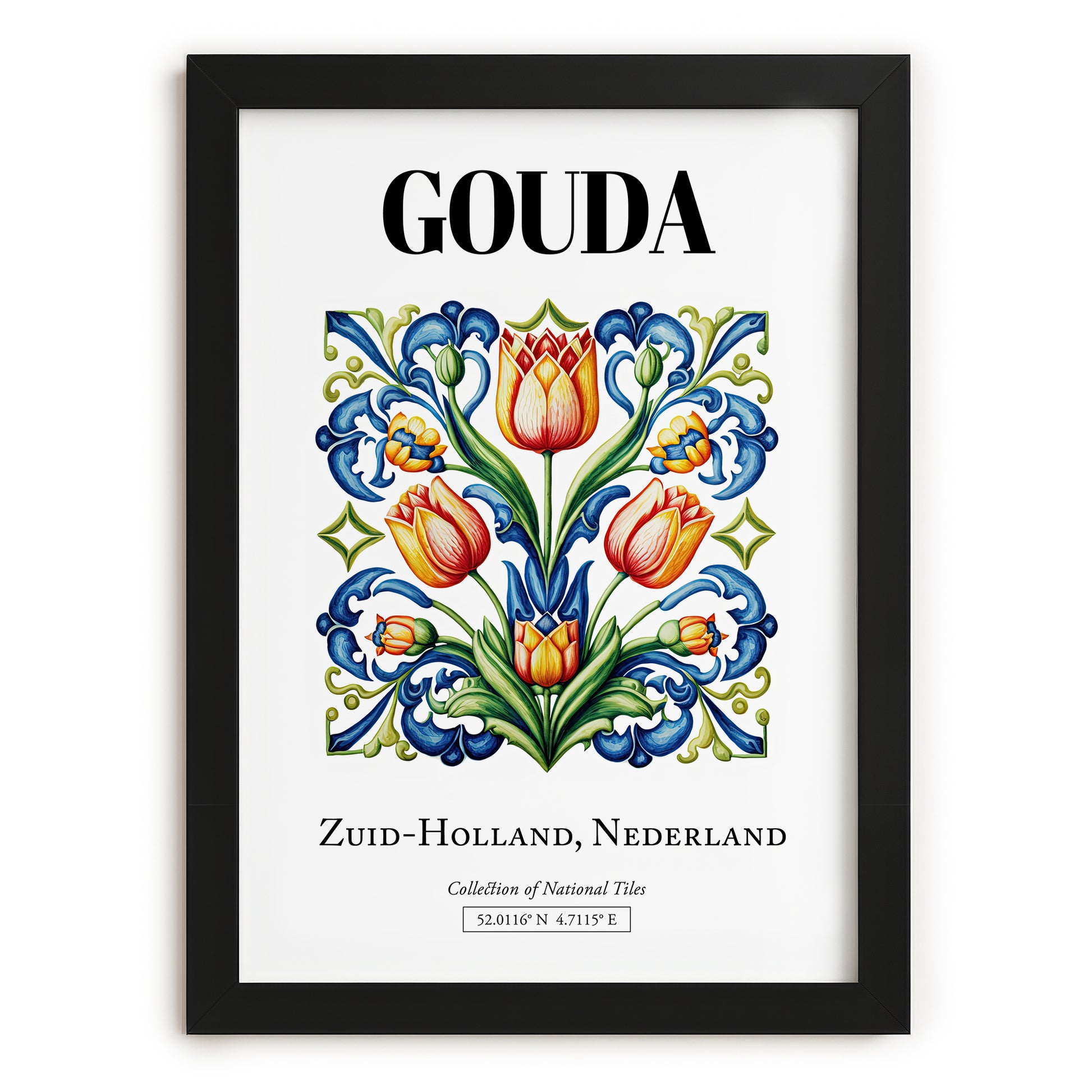 Gouda, Netherlands – Illustrated Travel Poster, in sleek black frame