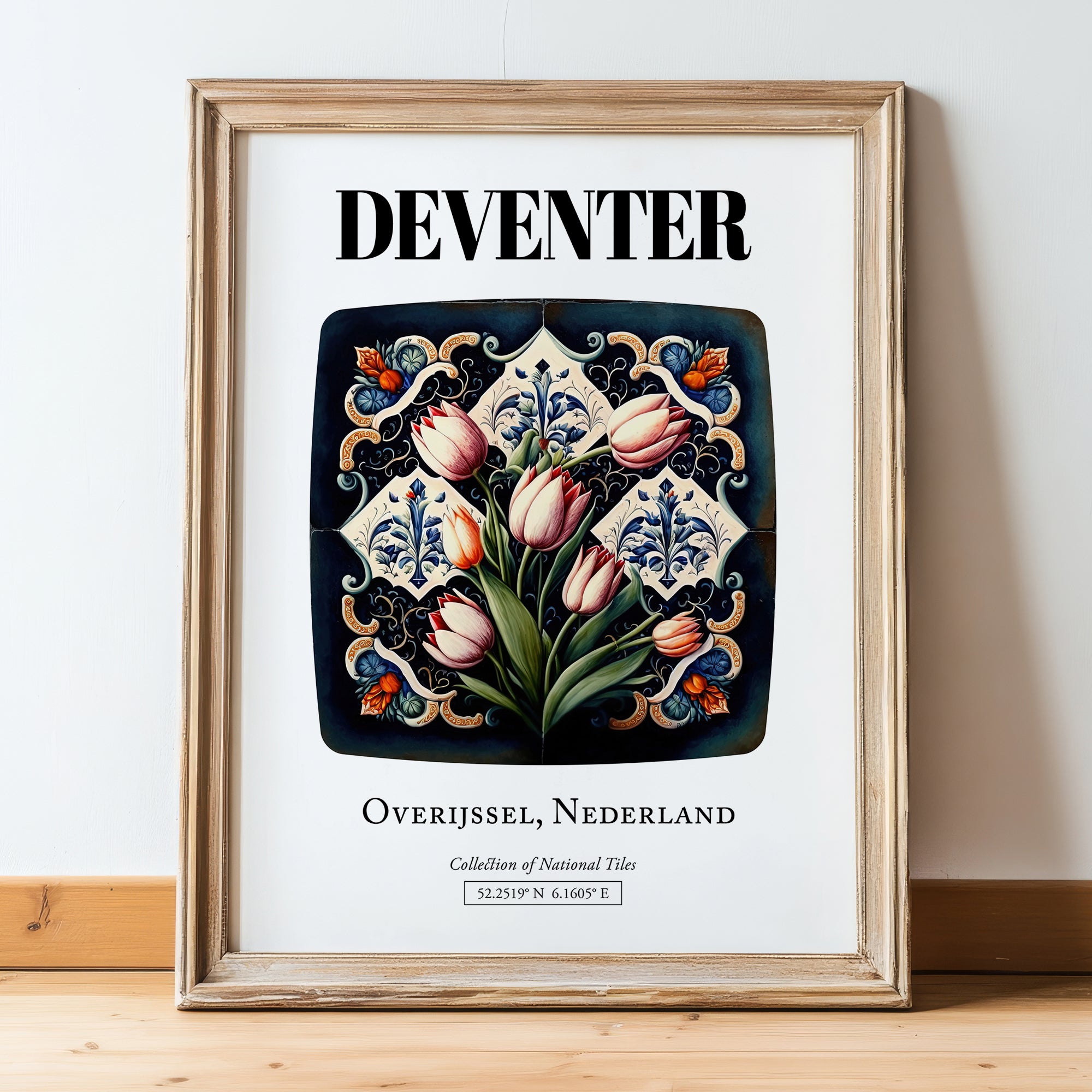 Deventer, Netherlands – Wanderlust-Inspired Poster, in wooden frame leaning on the floor