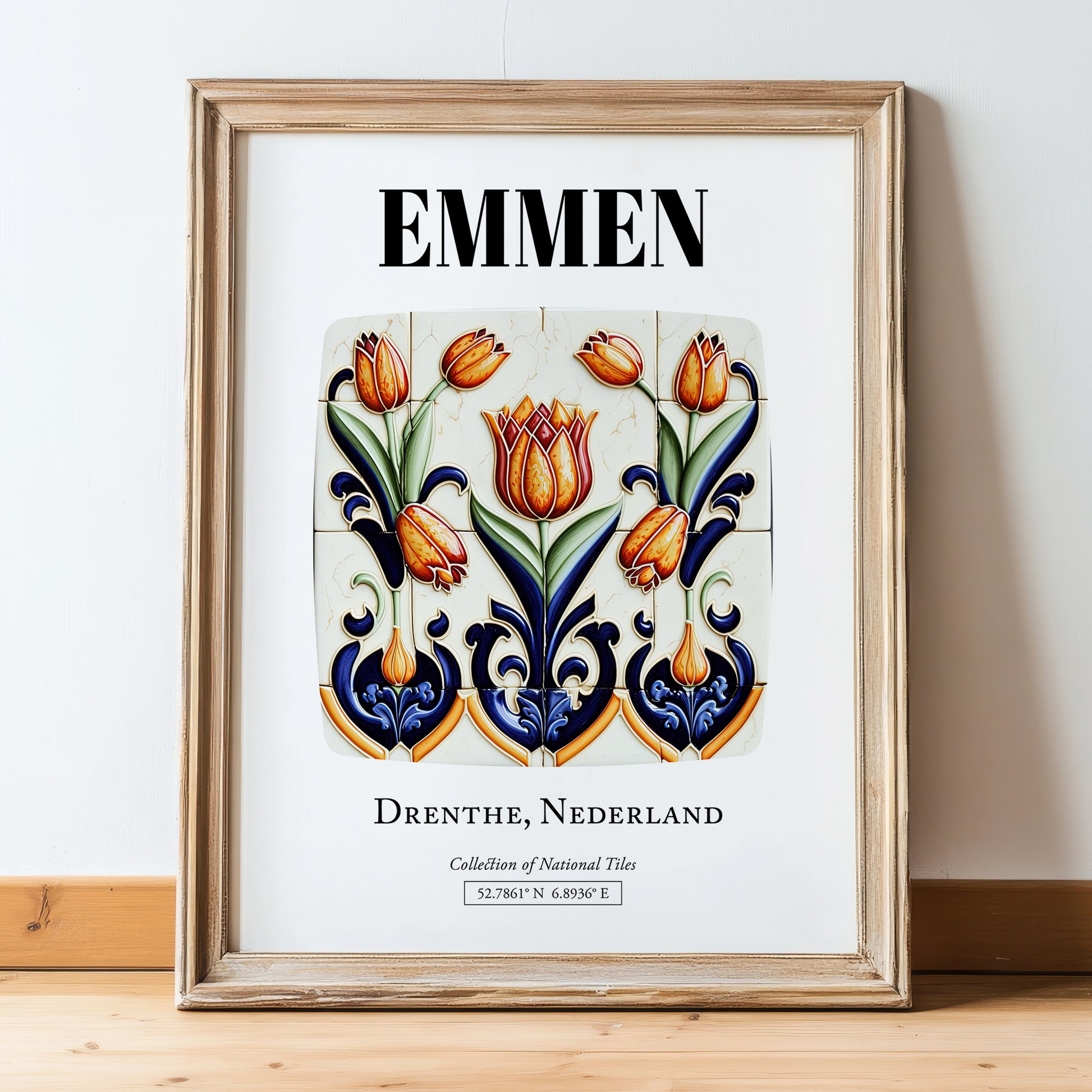 Emmen, Netherlands – Travel Poster, in wooden frame leaning on the floor
