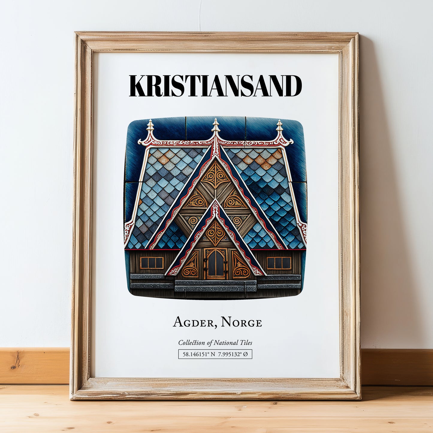 Kristiansand, Norway – Travel Poster, in wooden frame leaning on the floor