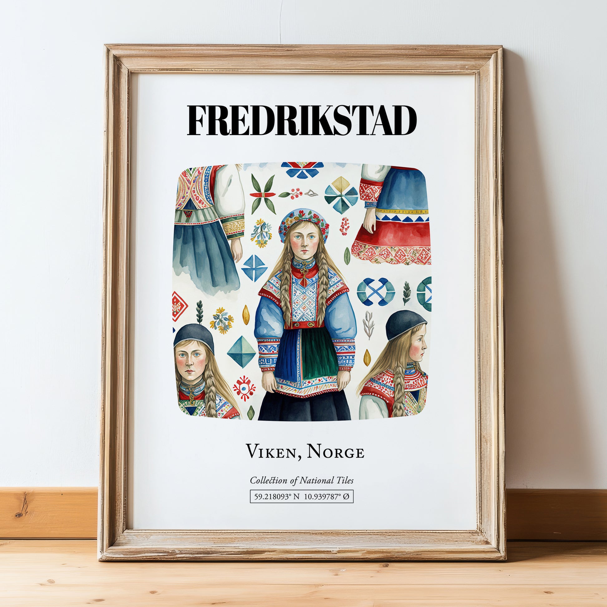Fredrikstad, Norway – Travel Poster, in wooden frame leaning on the floor