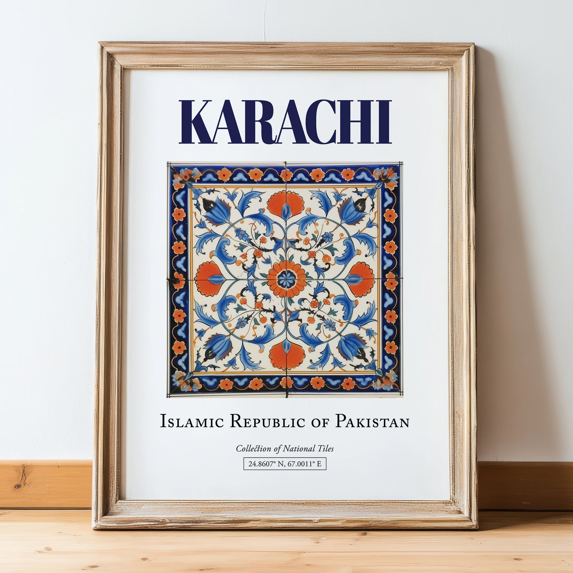Karachi, Pakistan – Retro Travel Poster, in wooden frame leaning on the floor