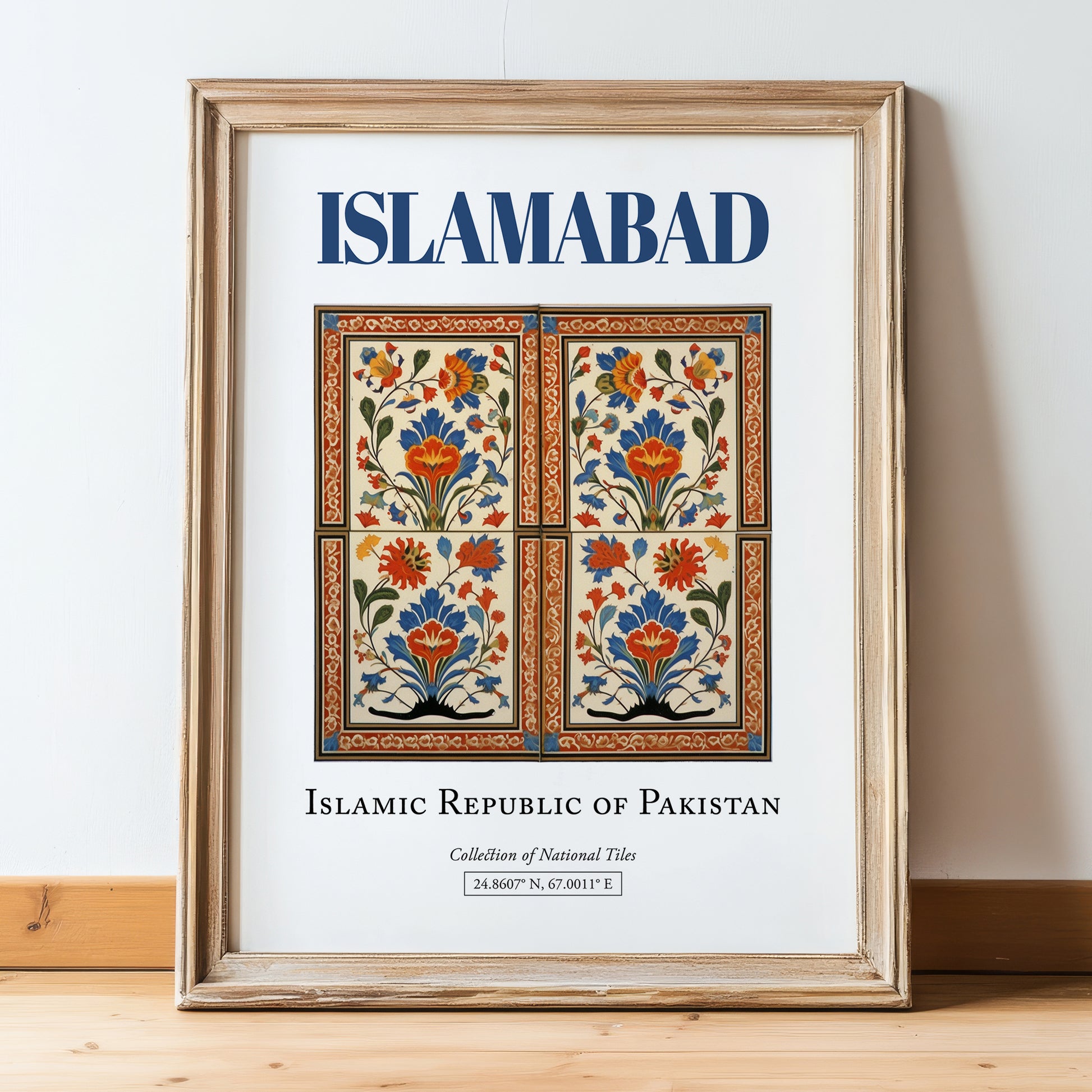 Islamabad, Pakistan – Travel Poster, in wooden frame leaning on the floor