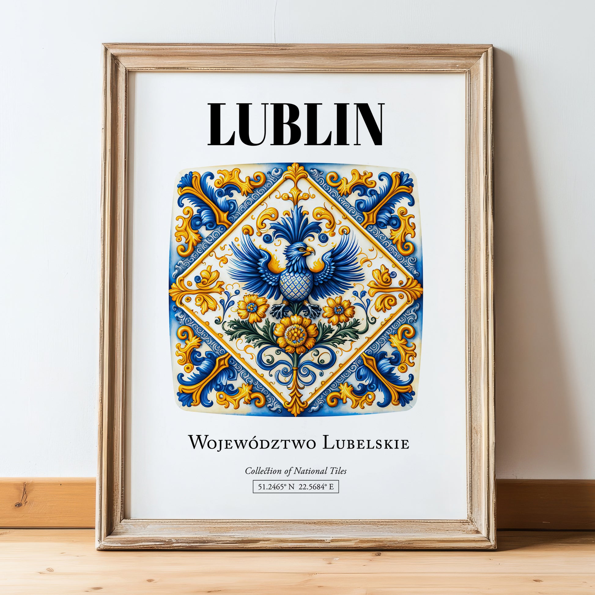 Lublin, Poland – Travel Poster, in wooden frame leaning on the floor