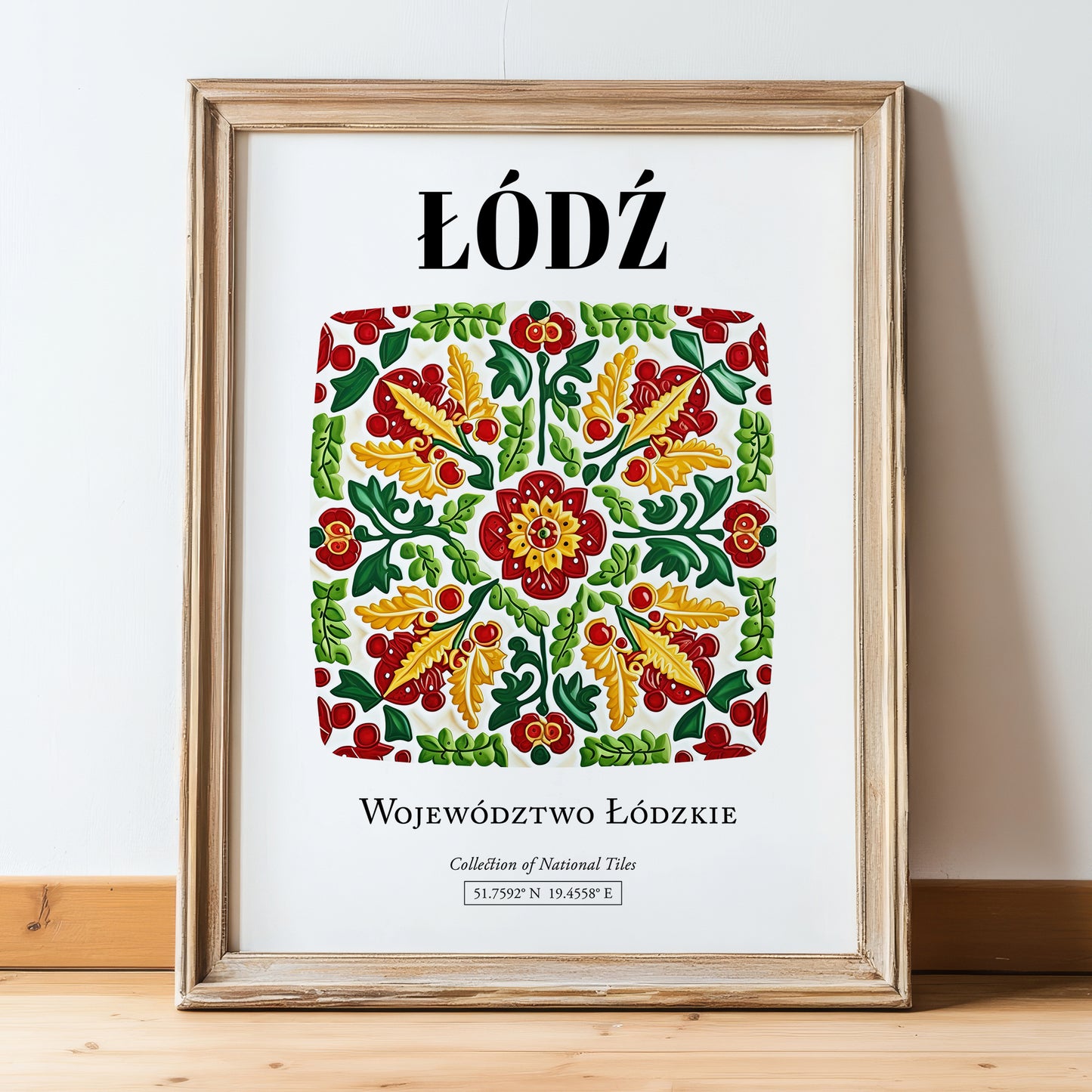 Łódź, Poland – Wanderlust-Inspired Poster, in wooden frame leaning on the floor