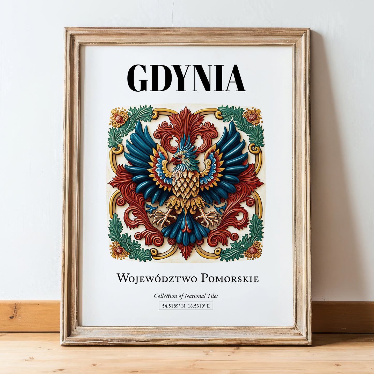 Gdynia, Poland – Travel Print, in wooden frame leaning on the floor