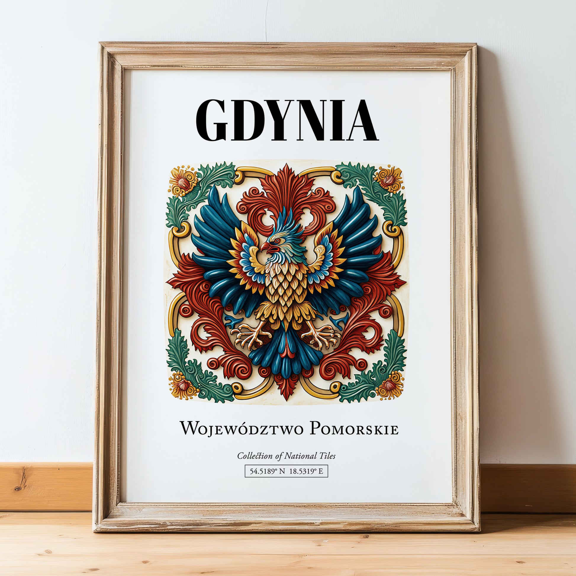 Gdynia, Poland – Travel Print, in wooden frame leaning on the floor