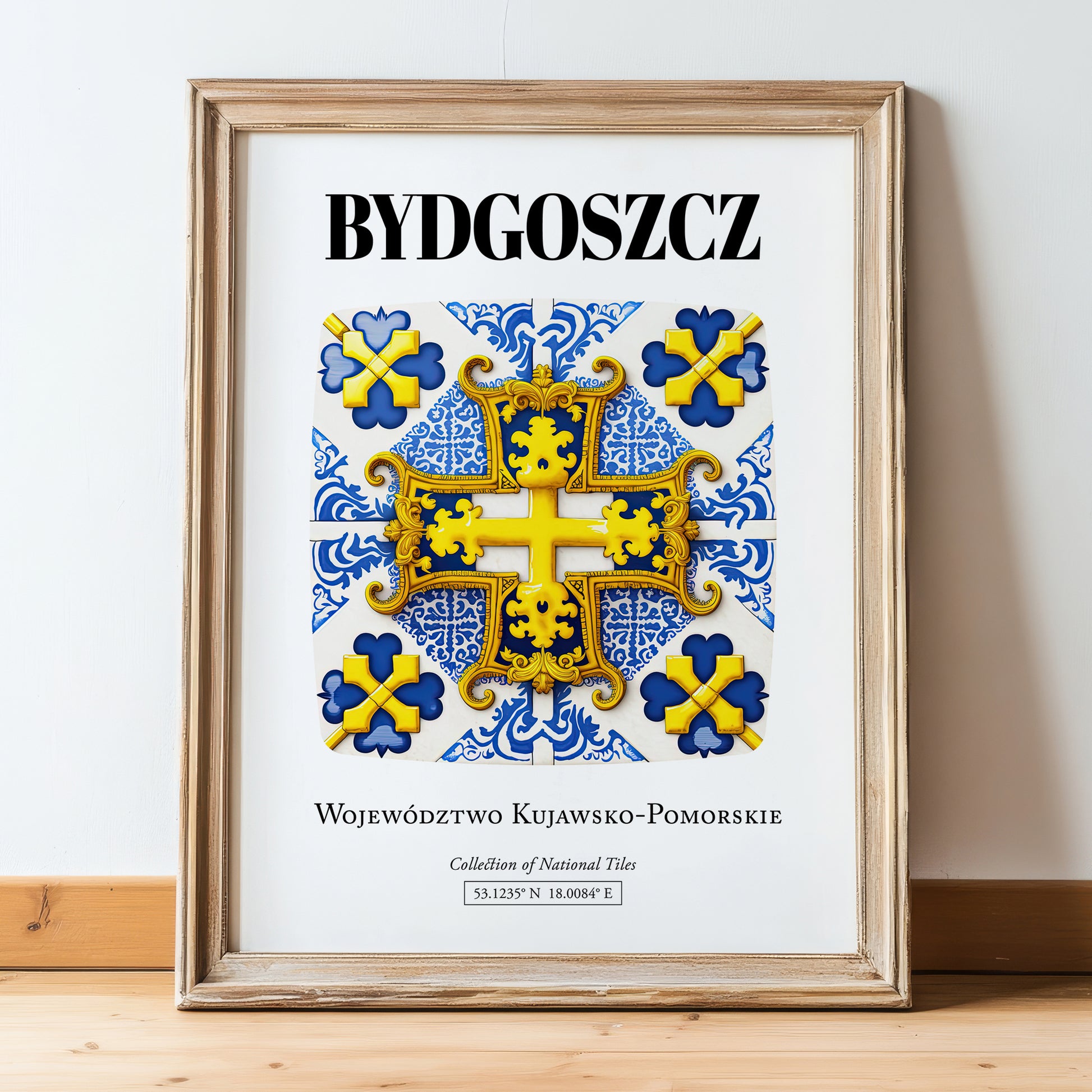 Bydgoszcz, Poland – Travel Poster, in wooden frame leaning on the floor