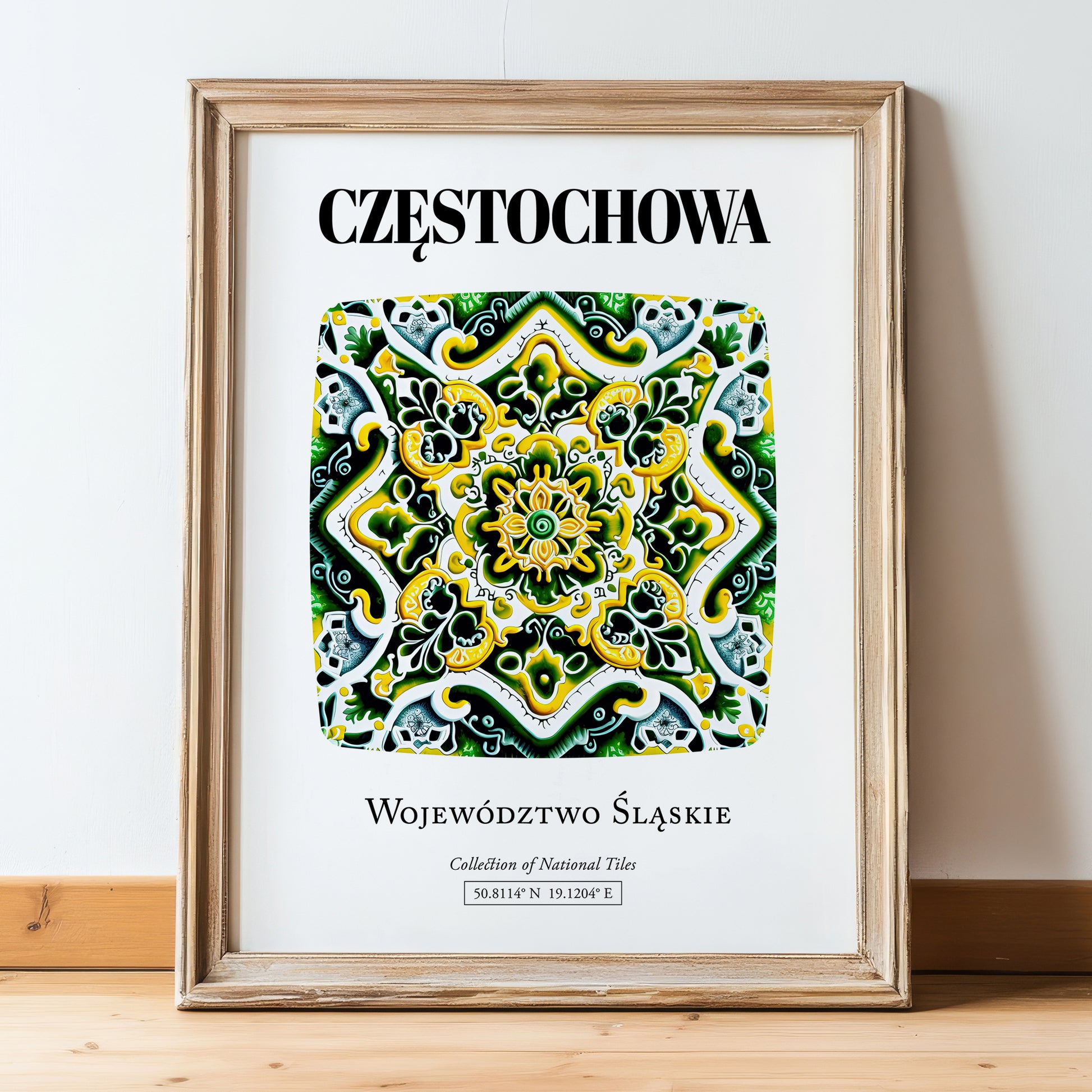 Częstochowa, Poland – Travel Poster, in wooden frame leaning on the floor