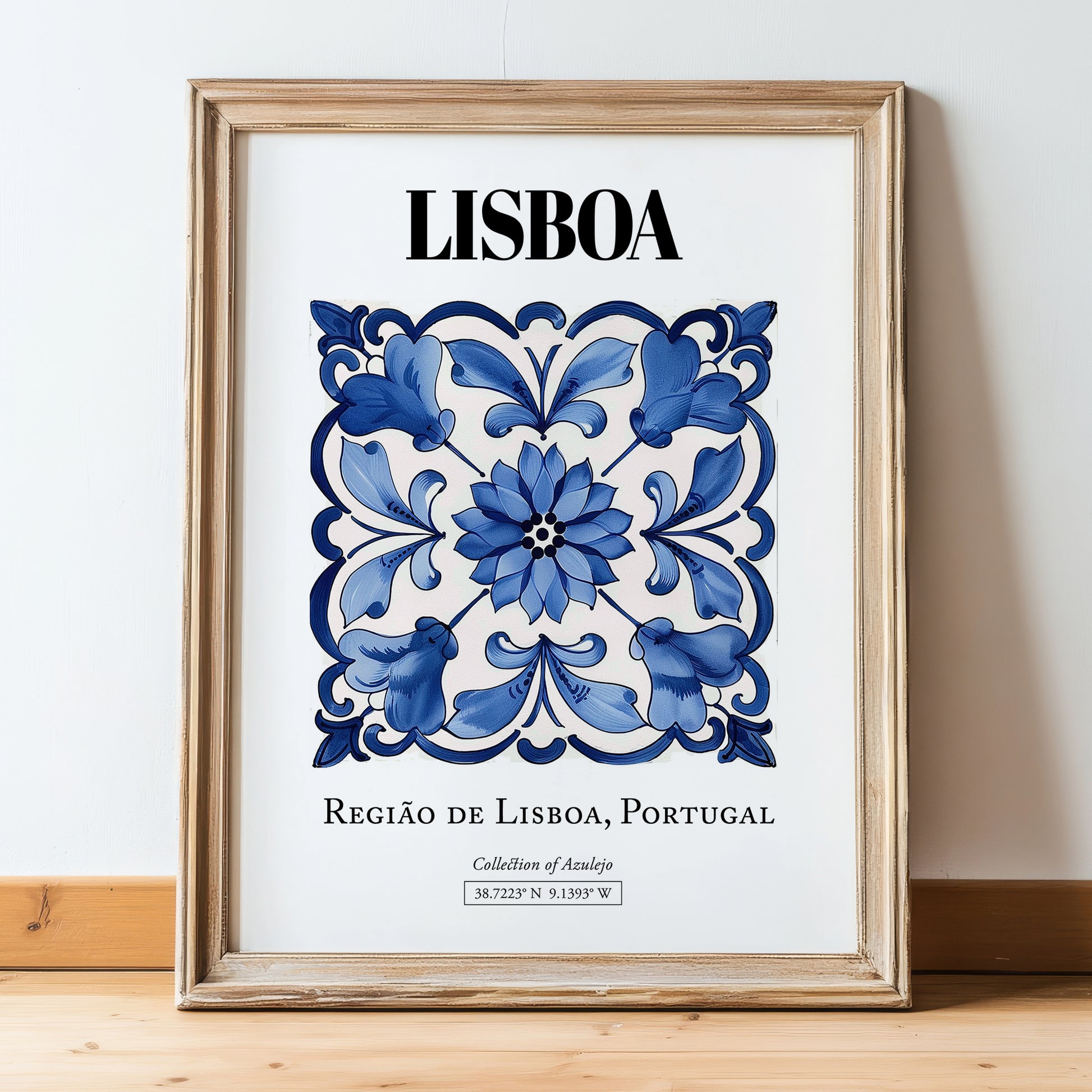 Lisboa, Portugal – Travel Print, in wooden frame leaning on the floor