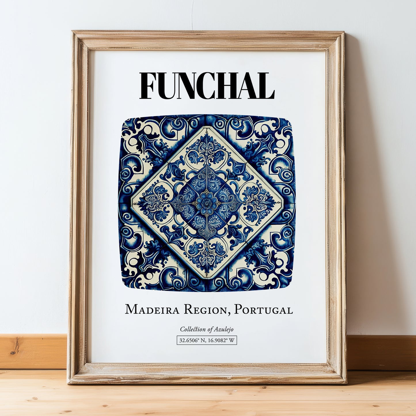 Funchal, Portugal – Travel Print, in wooden frame leaning on the floor