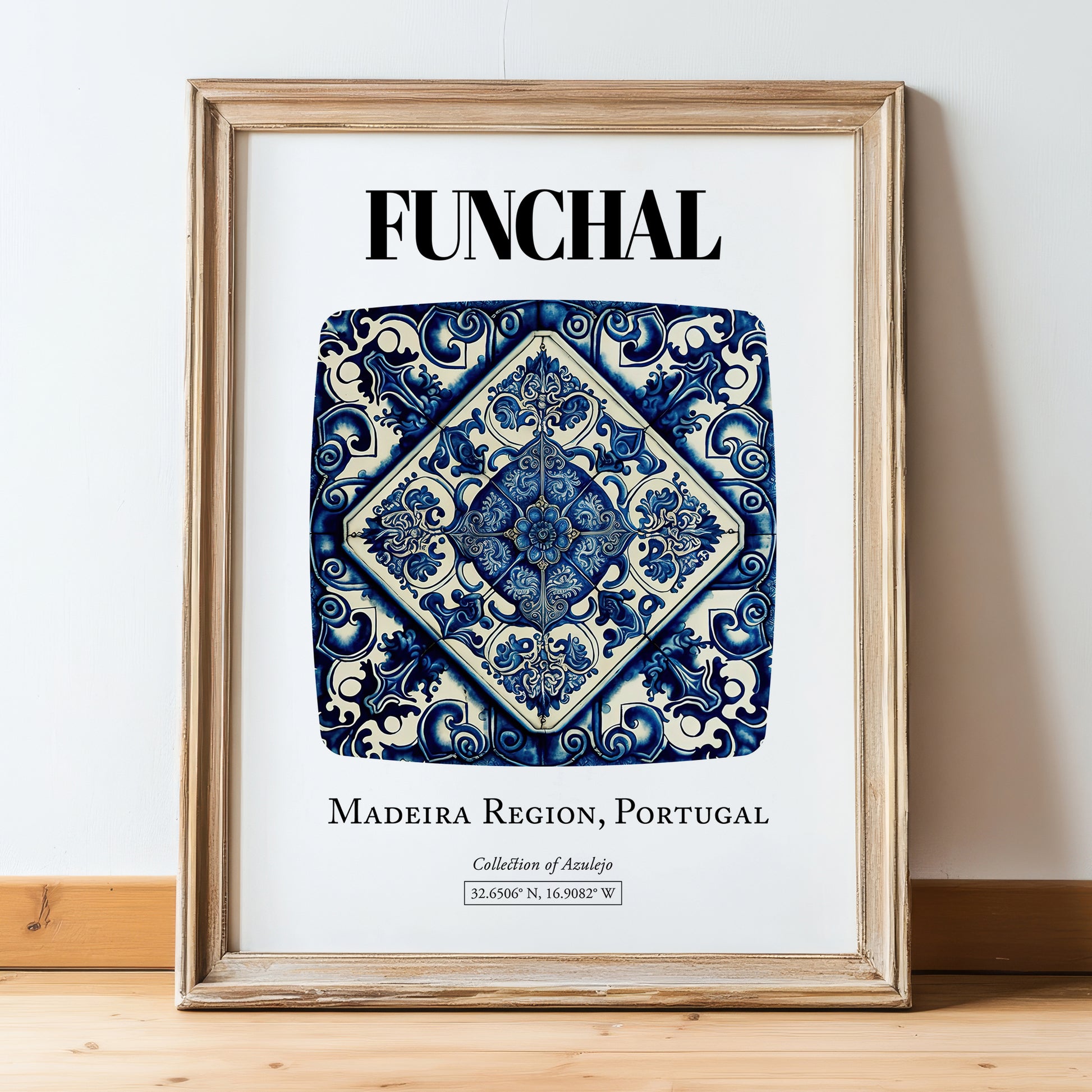 Funchal, Portugal – Travel Print, in wooden frame leaning on the floor