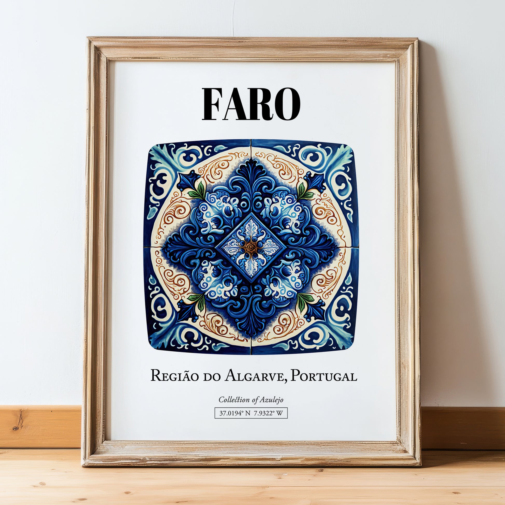 Faro, Portugal – Travel Print, in wooden frame leaning on the floor