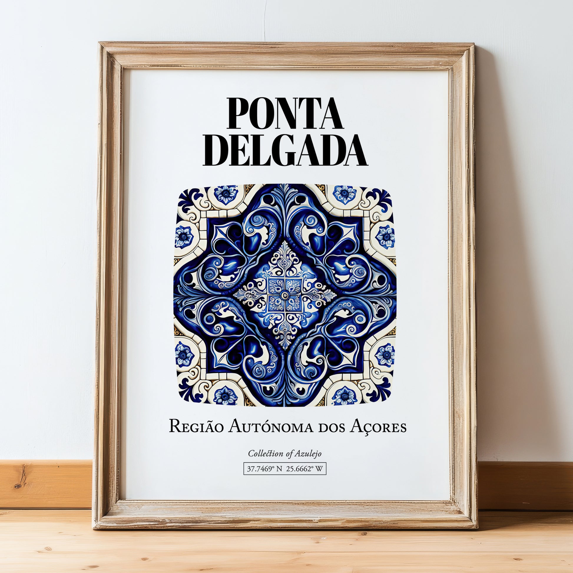 Ponta Delgada, Portugal – Country Culture Poster, in wooden frame leaning on the floor