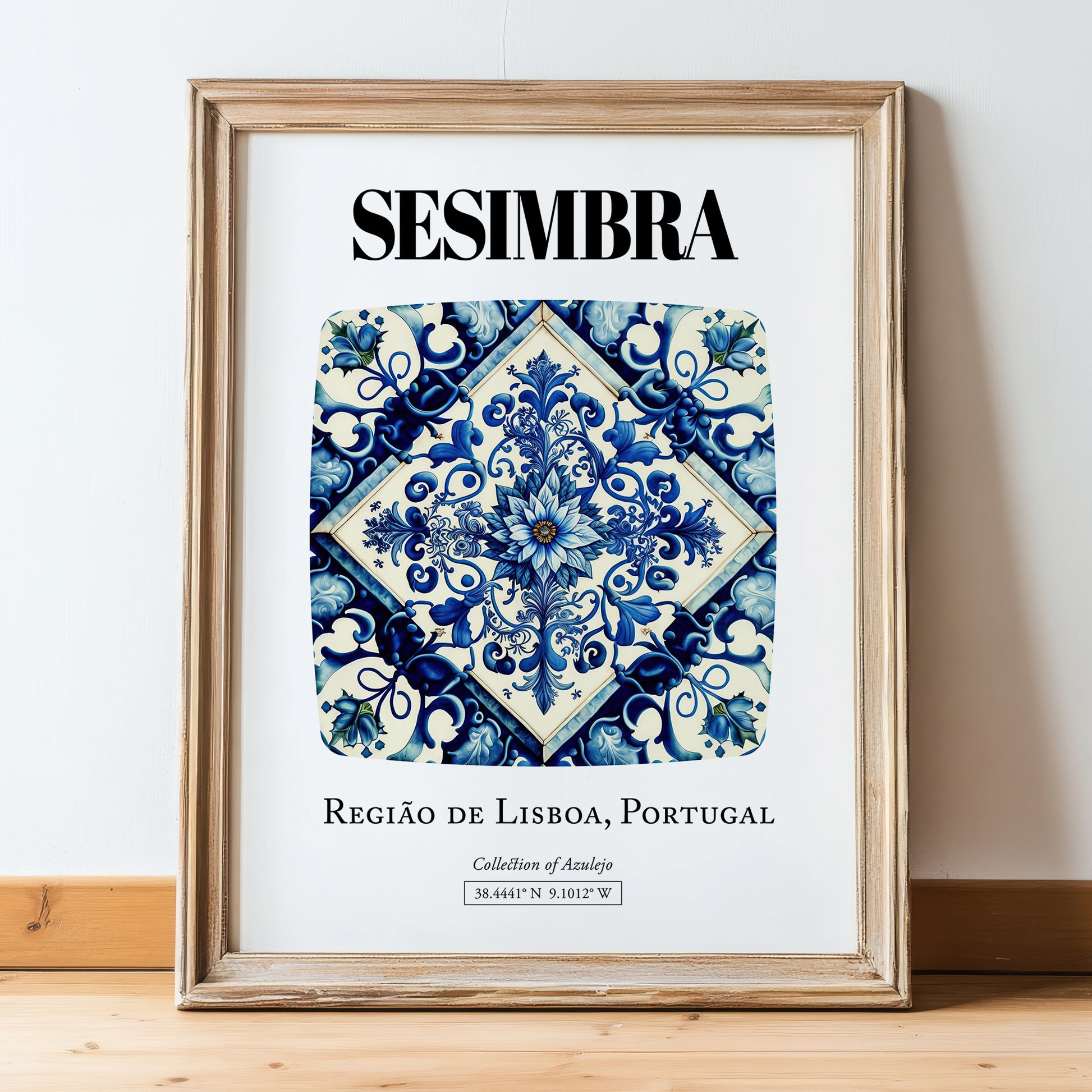 Sesimbra, Portugal – Travel Print, in wooden frame leaning on the floor